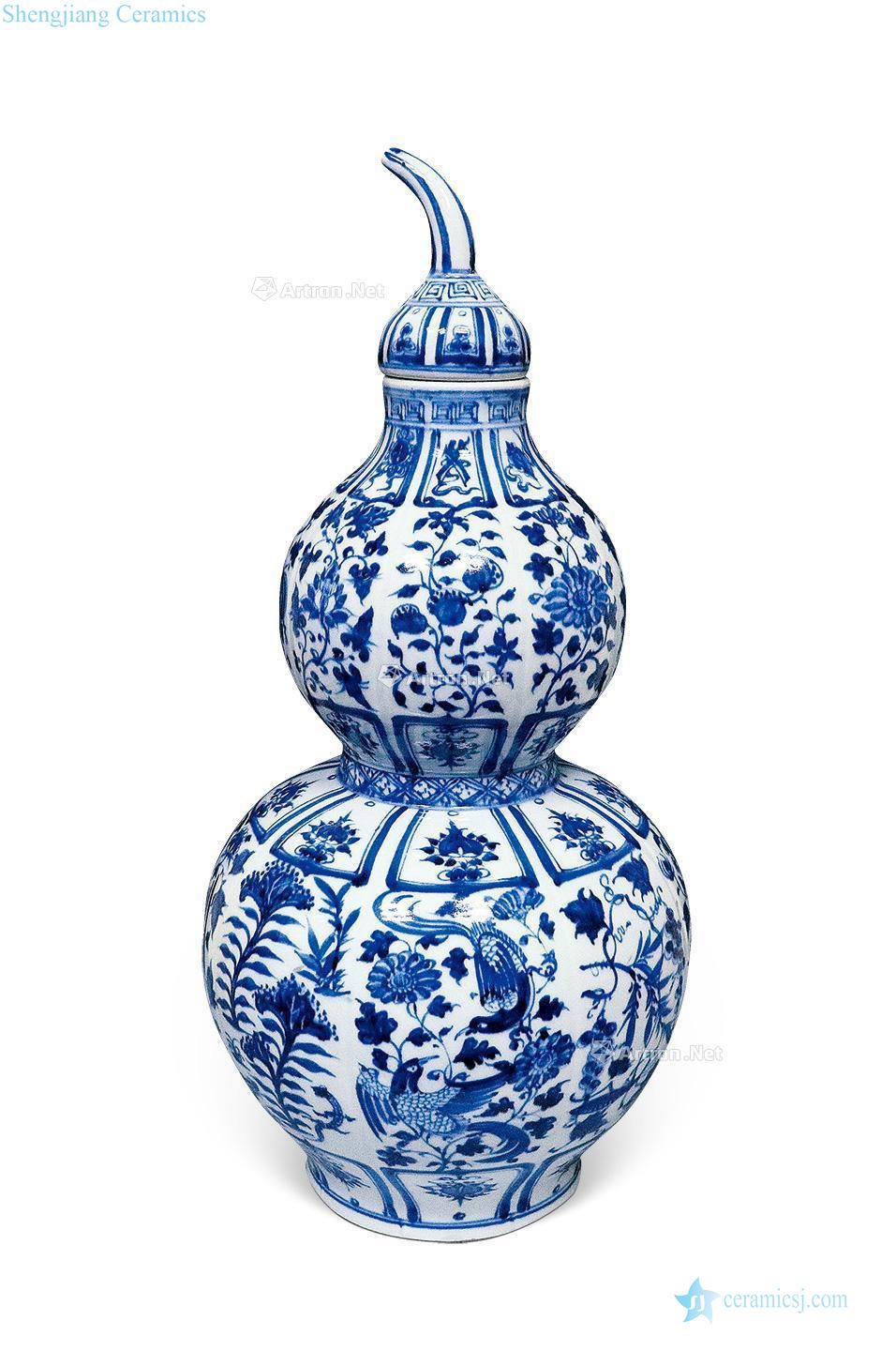 yuan Blue and white painting of flowers and fruits grain bottle gourd