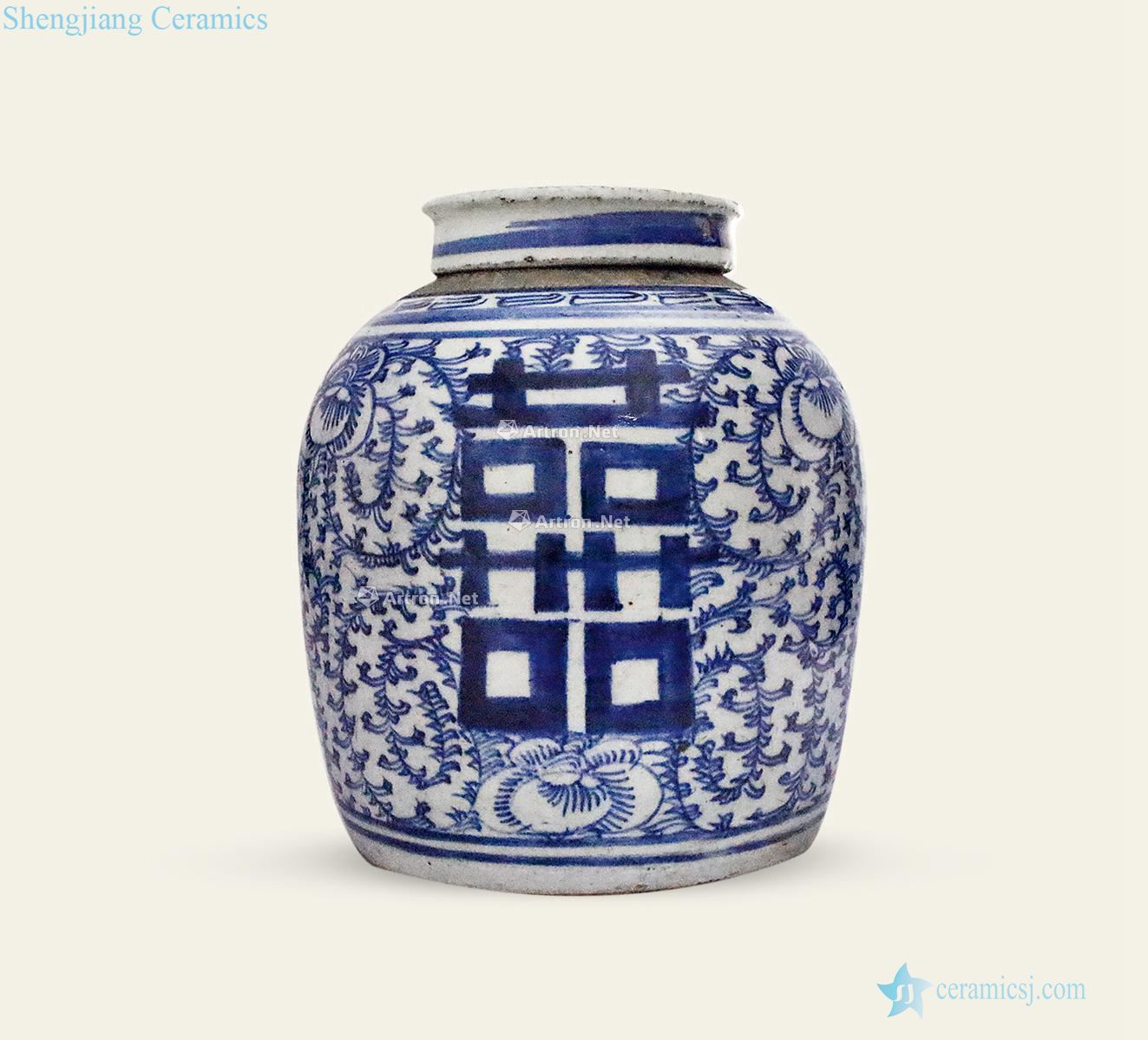 Qing daoguang Blue and white tie up branch lines three xi cover tank
