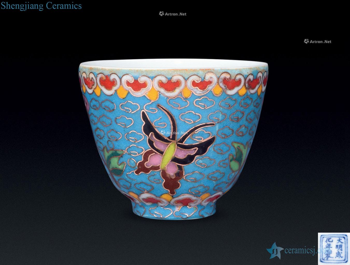 Ming The blue glaze powder enamel flower disc cup