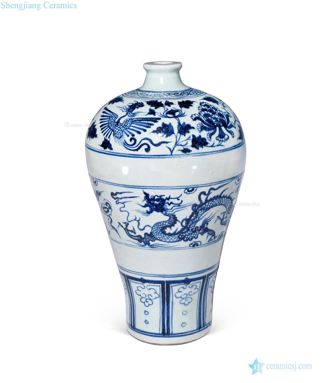 At the end of the yuan Ming Blue and white longfeng grain mei bottle