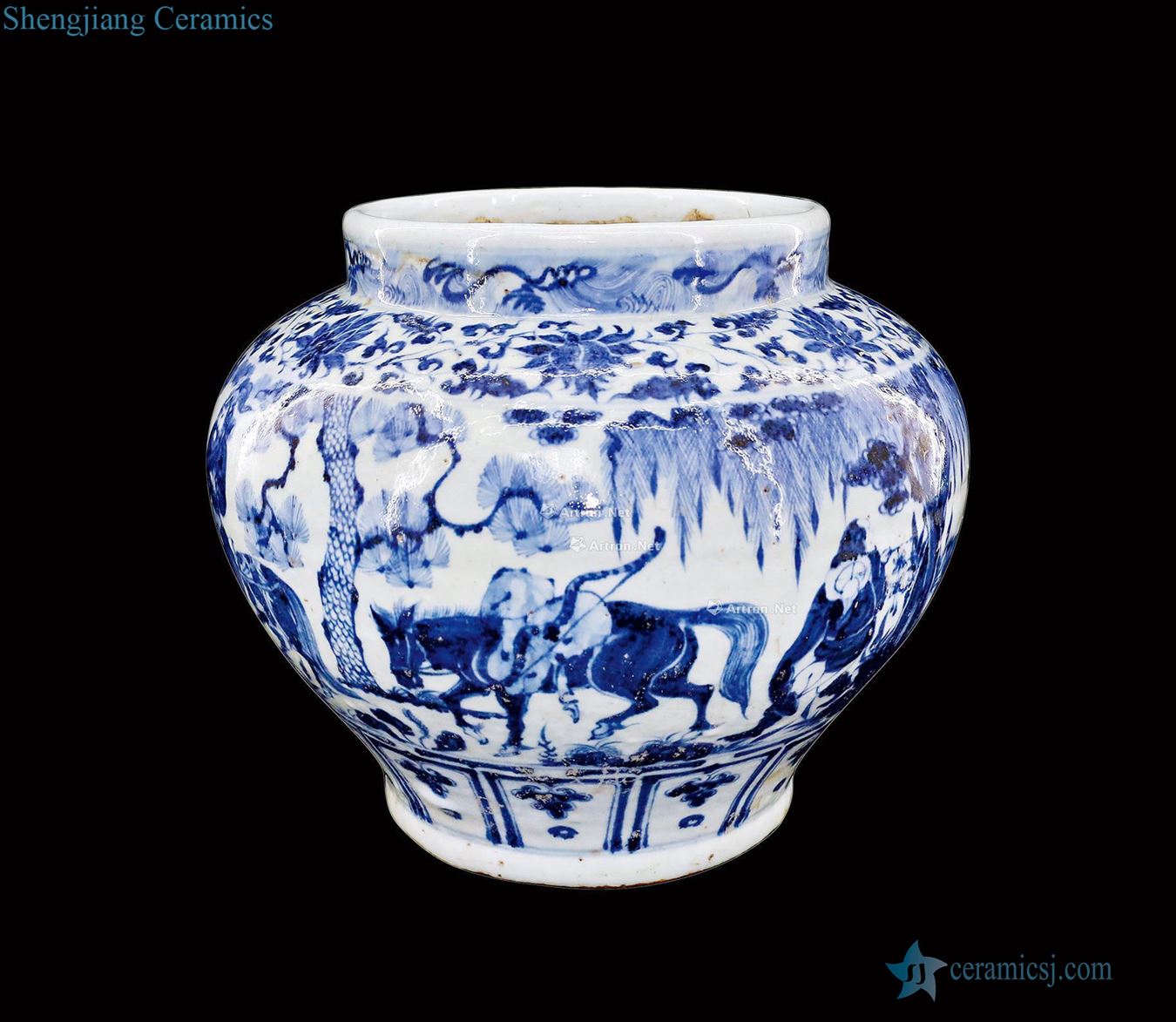 yuan Blue and white figure large pot of hunting