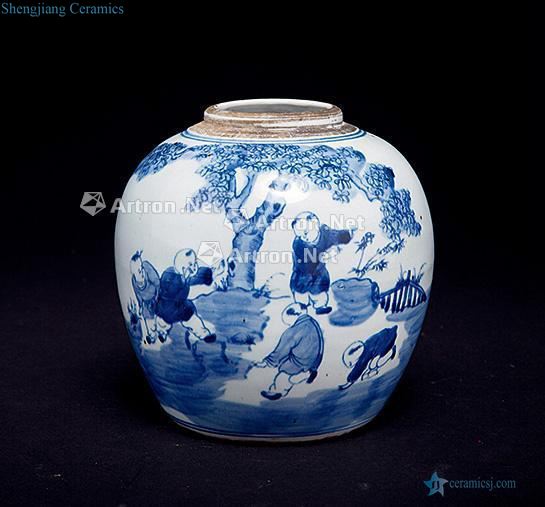 In late qing dynasty Blue and white baby play figure cans