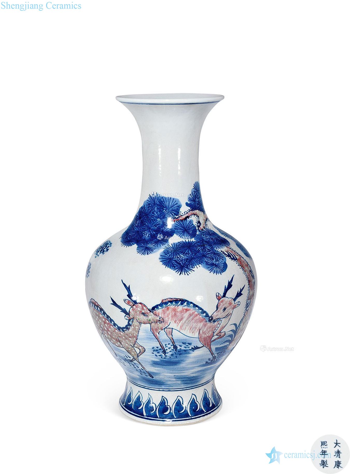 Qing dynasty blue-and-white youligong Korean pine deer lines our mouth bottle