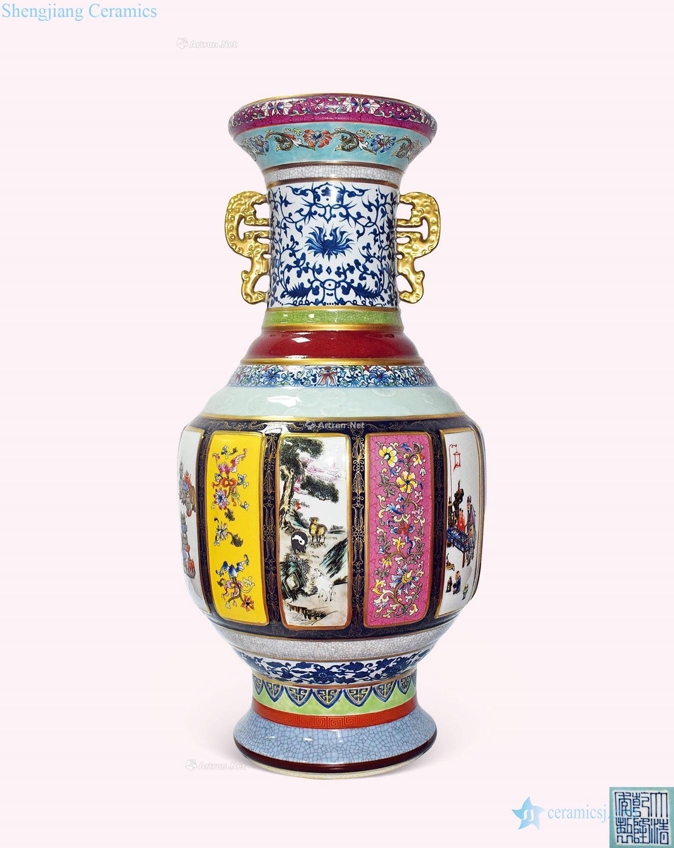 Qing porcelain enamel twelve window colour glaze ears big bottle each