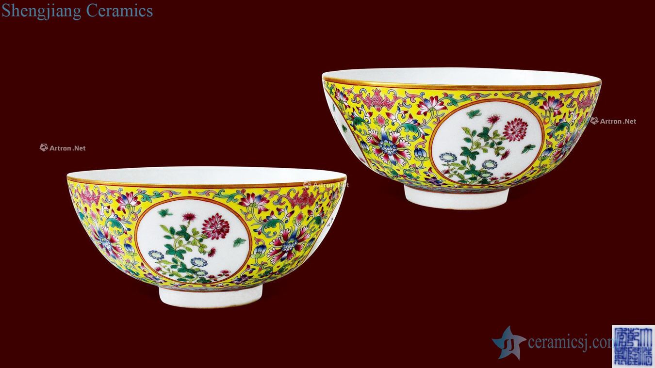 To pastel yellow medallion ever-green flowers green-splashed bowls (a)