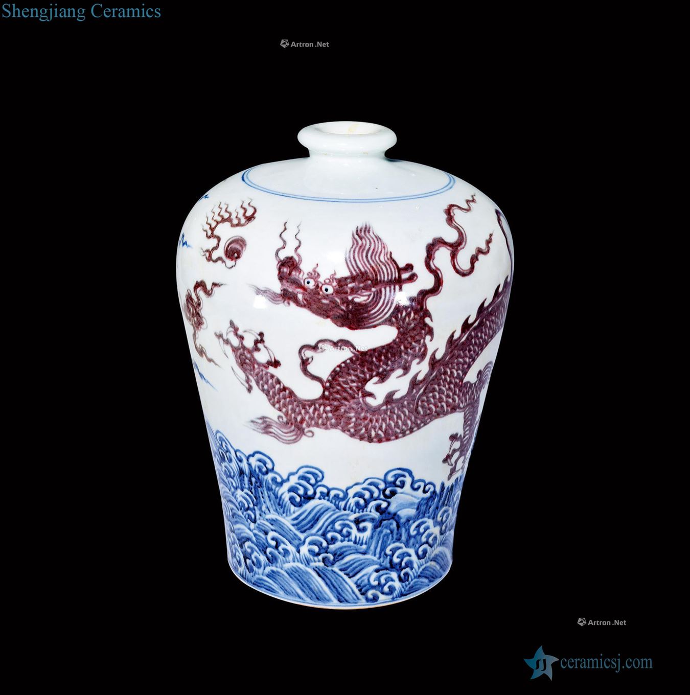 Ming yongle Blue and white youligong red sea water dragon grain mei bottles