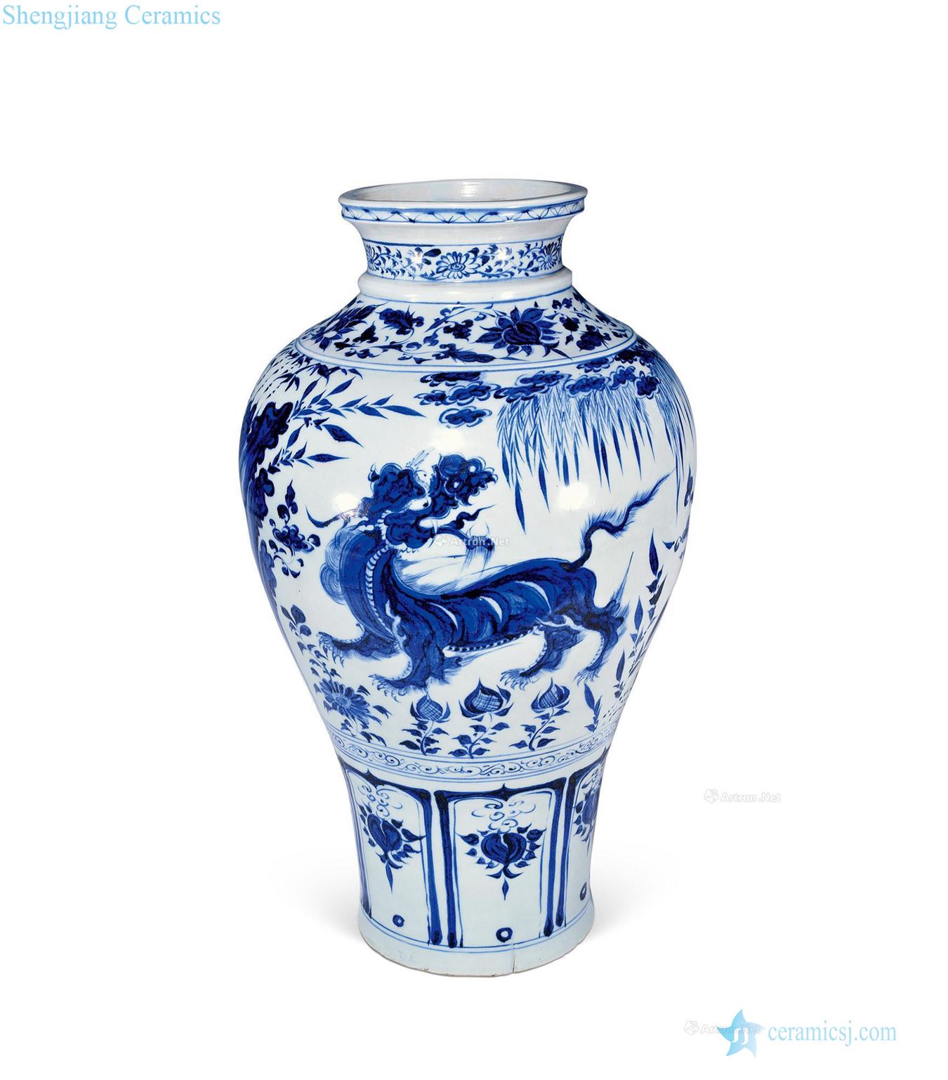 yuan Blue and white kylin grain big plum bottle