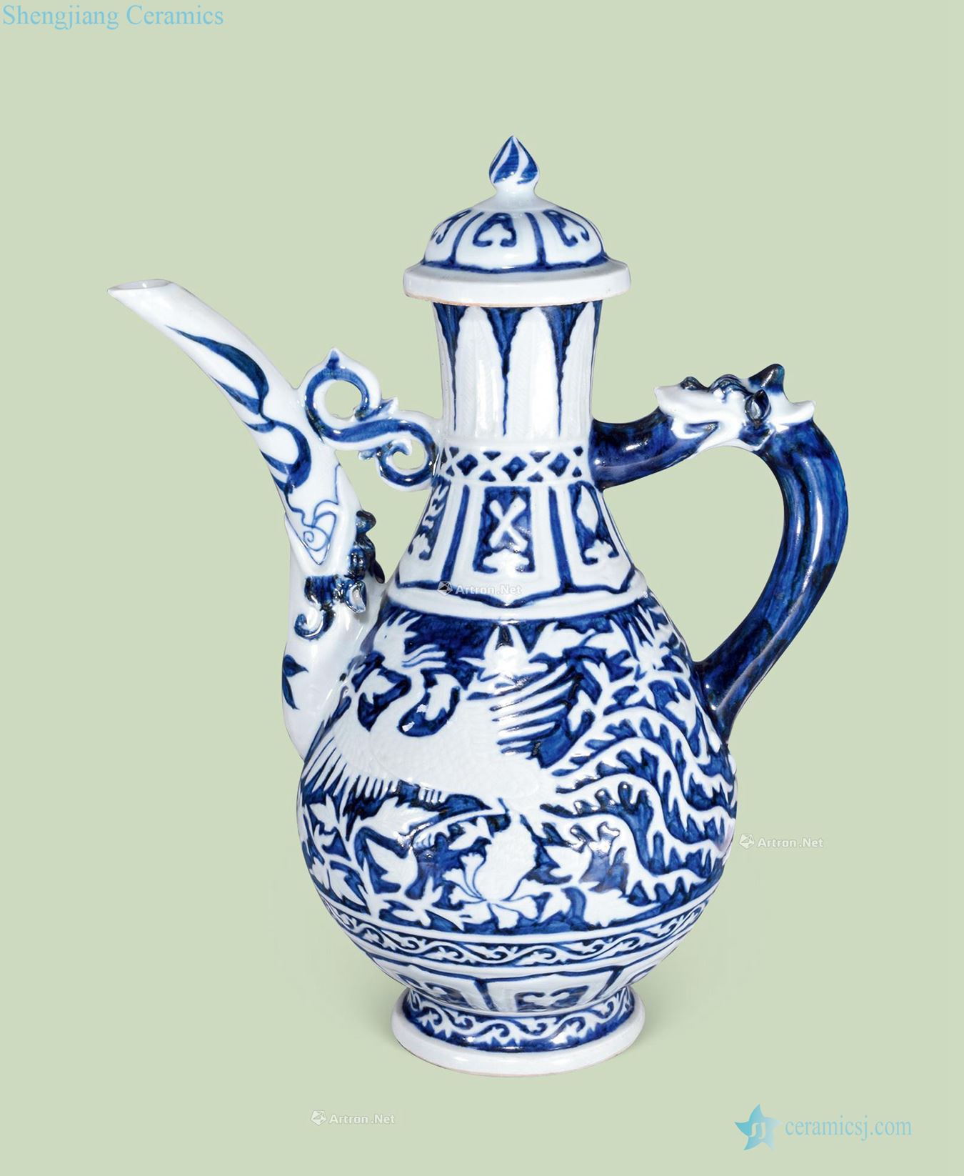 yuan Blue and white wear peony fung relief grain ewer