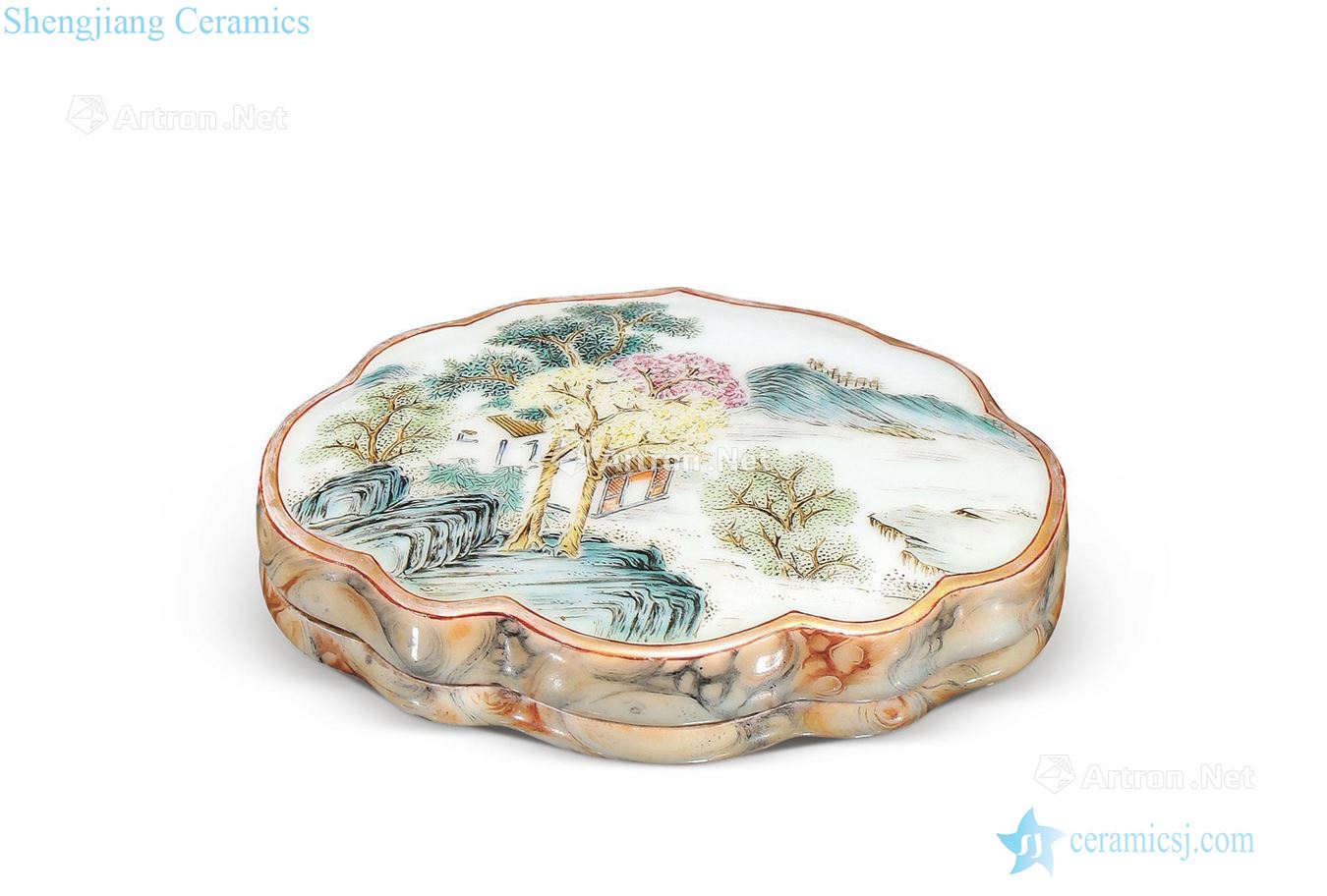 Qing qianlong pastel stone glaze medallion landscape pattern haitang form small box