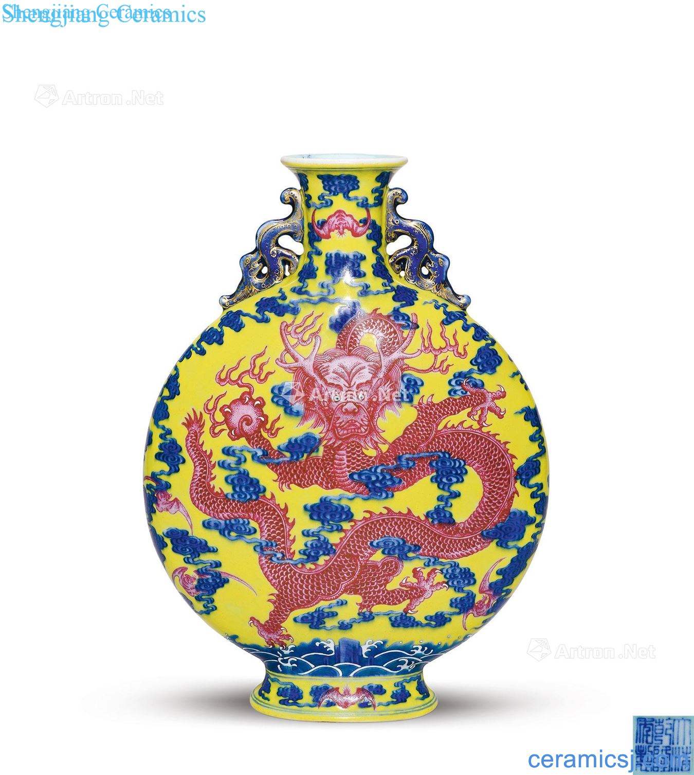 Qing qianlong Yellow to blue and white carmine YunLongWen on bottles