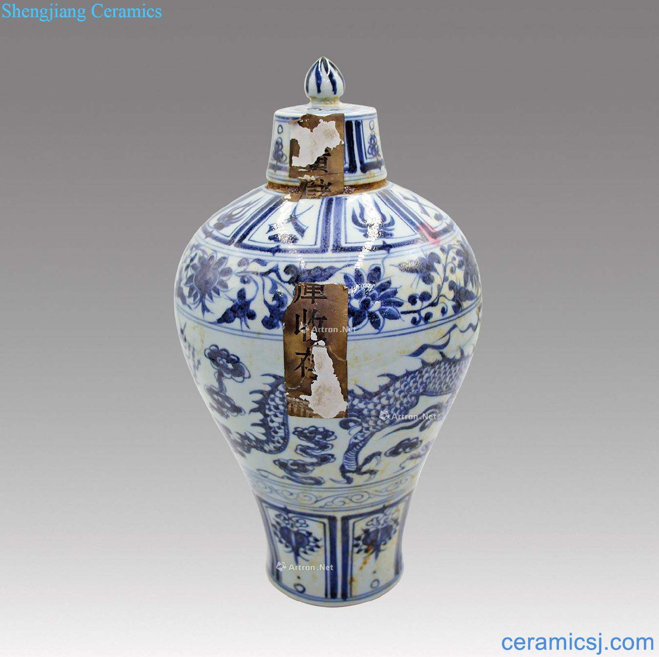 yuan Blue and white flower dragon plum bottle