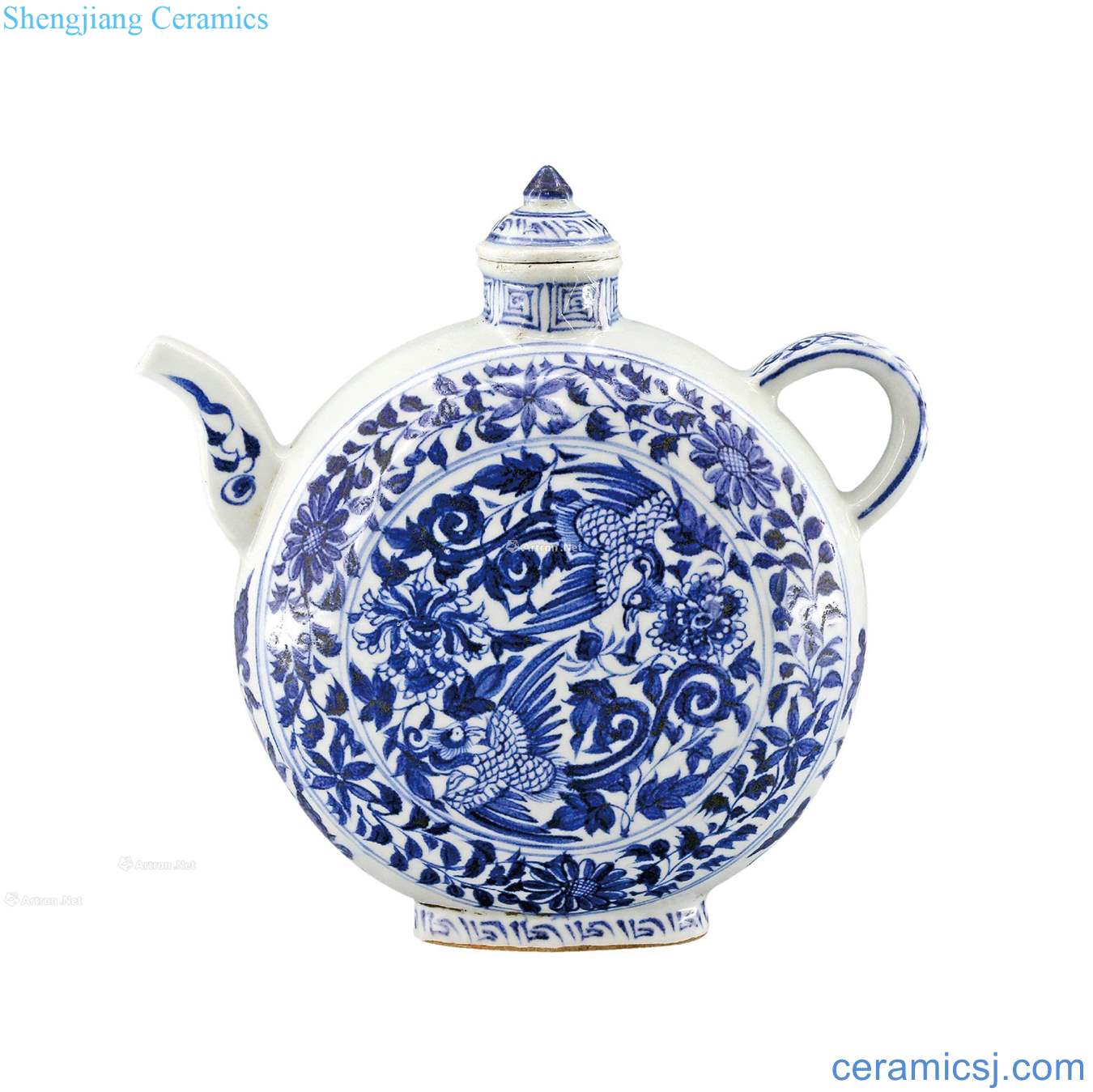 Ming Blue and white peony lines flat pot