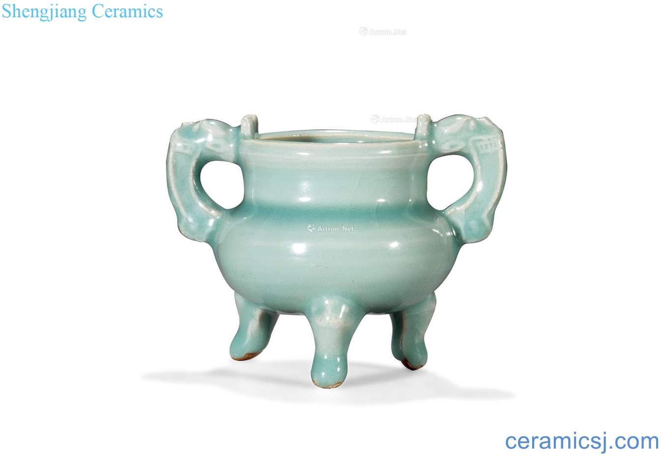 Ming or earlier Longquan celadon powder blue glaze ssangyong ear furnace with three legs