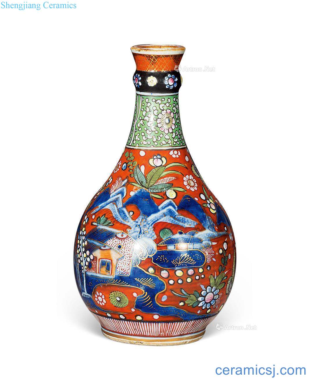 Qing qianlong Coral red to blue and white color landscape figure bottles