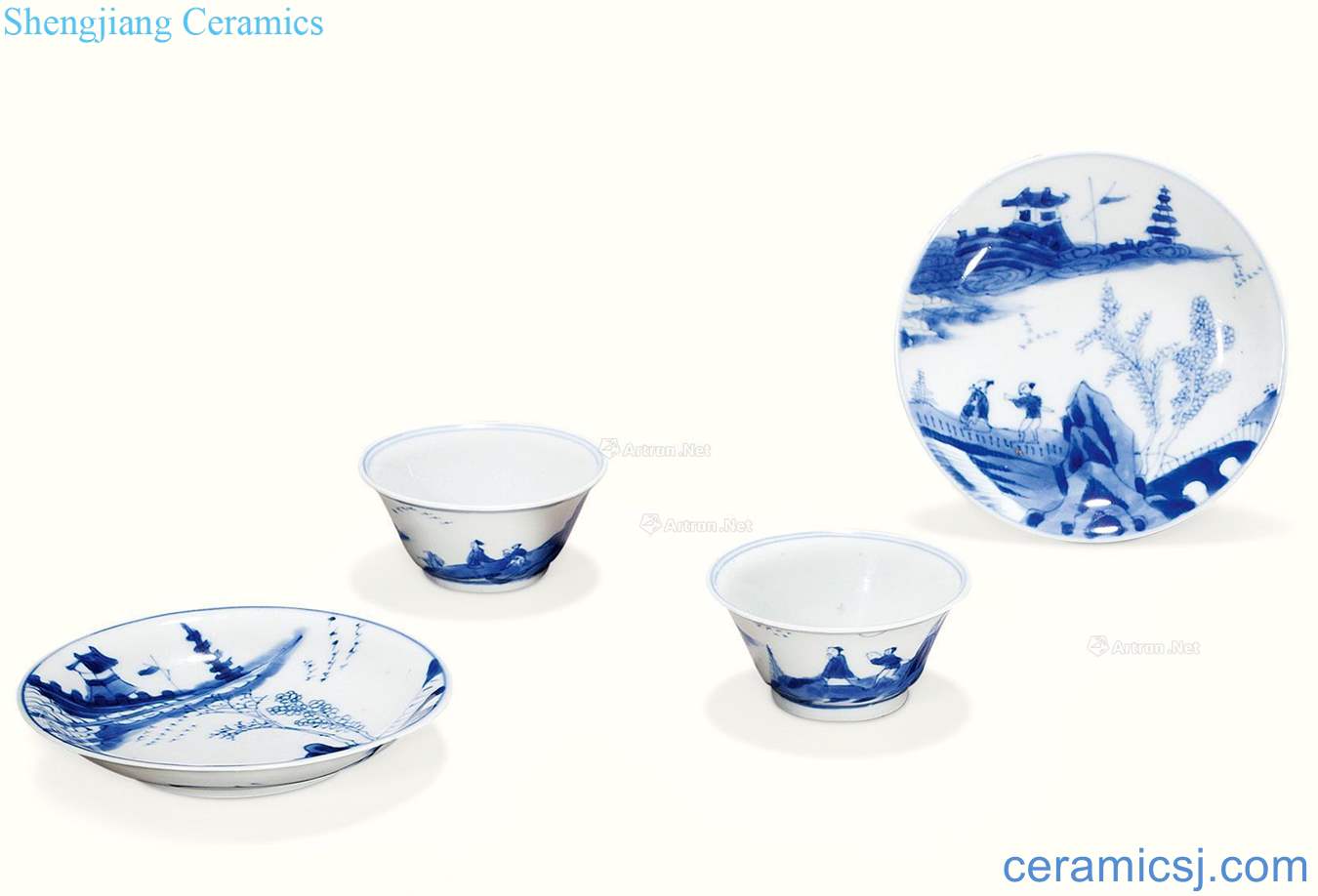 The qing emperor kangxi Blue and white landscape character figure set of cup (a) (4)