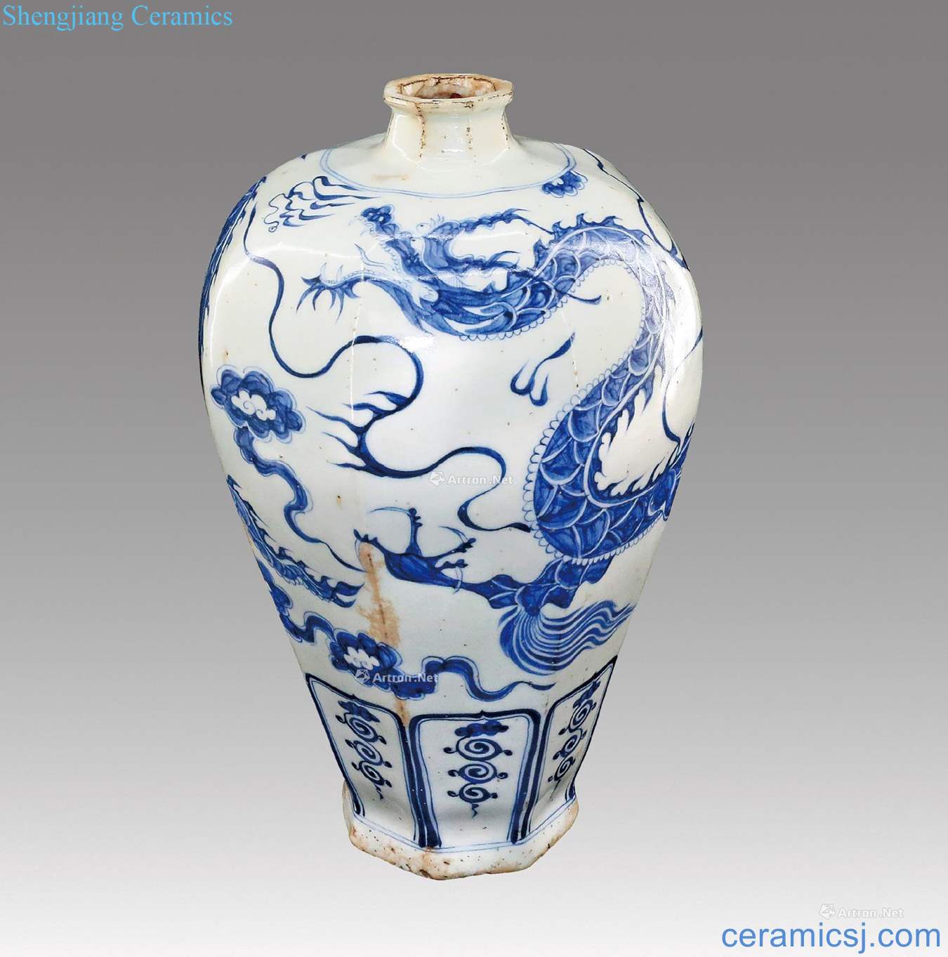 Ming Blue and white YunLongWen eight Fang Mei bottle