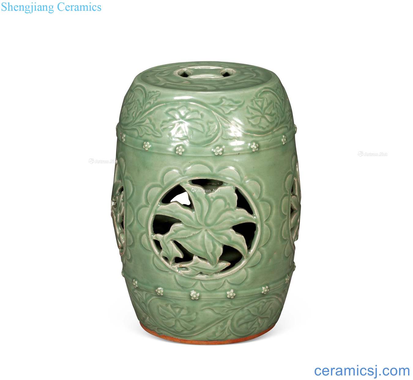 Ming Longquan celadon green glaze medallion floral print drum pier
