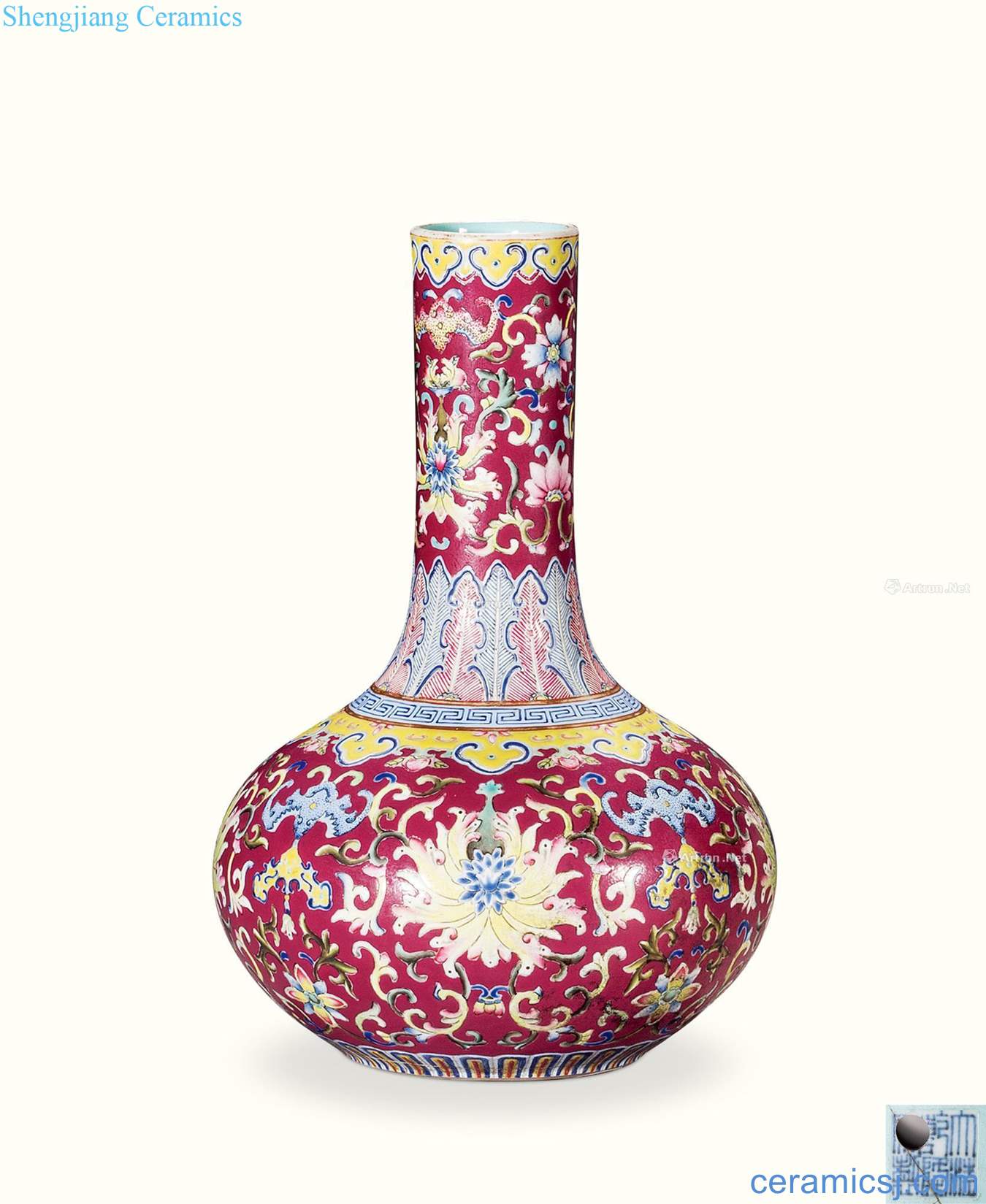 Qing qianlong pastel bound calligraphy treasure phase grain bottle carmine