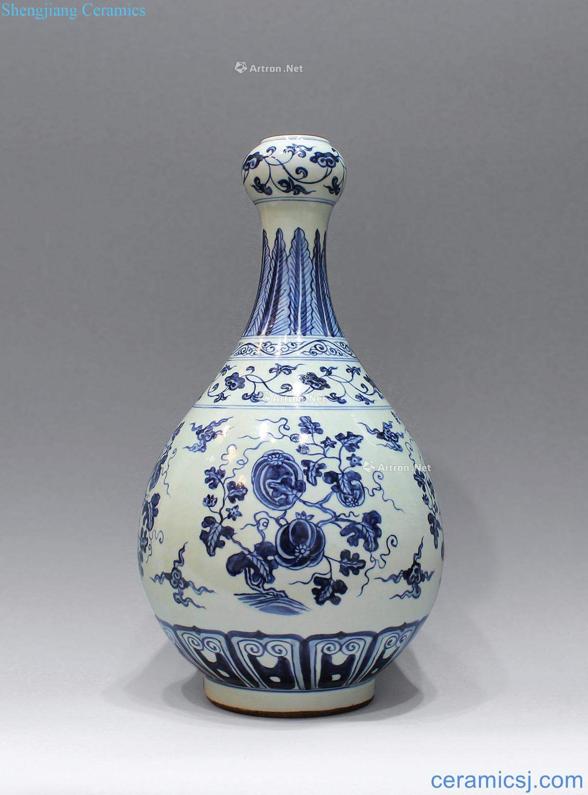 Ming Blue and white branches of melon and fruit grain bottle of garlic