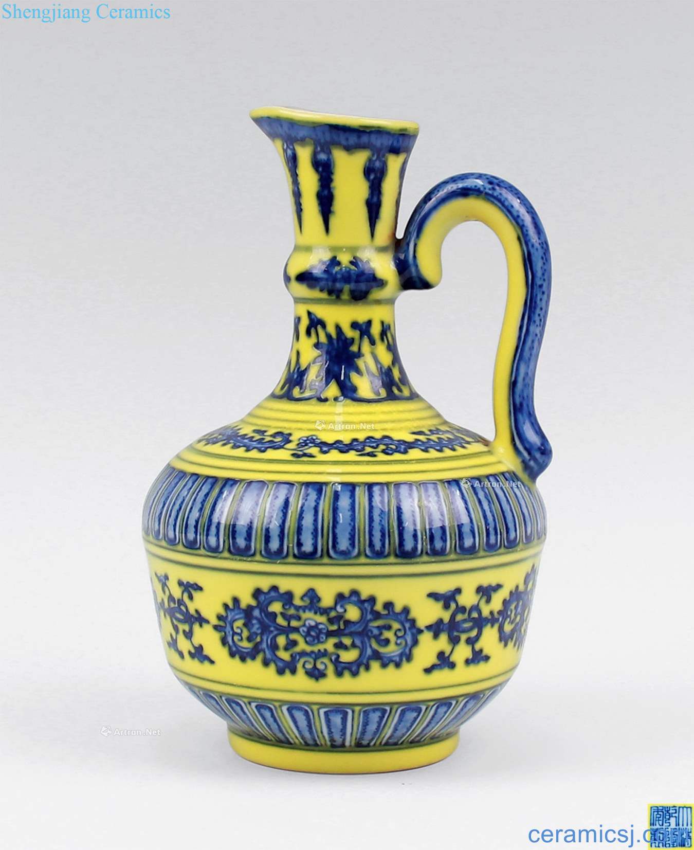 The qing emperor qianlong, Yellow with blue and white tie up branch grain flower pot of flowers