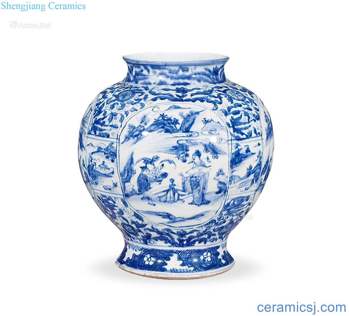 Ming Stories of blue and white medallion figure cans