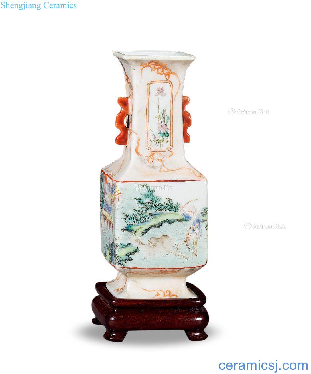Qing qianlong imitation stone glaze medallion pastel landscape character figure four bottles
