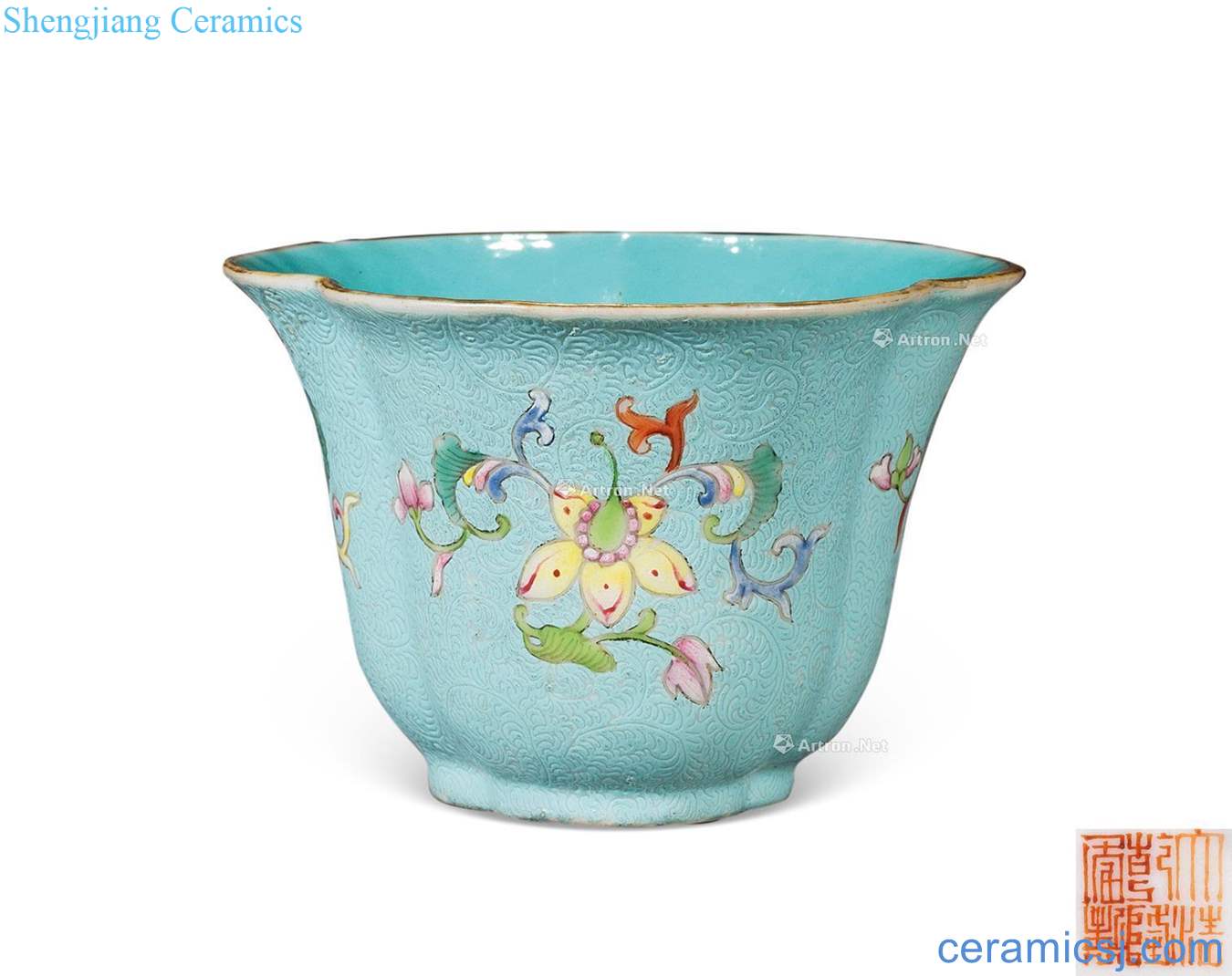 Qing qianlong carved turquoise green pastel rolling flower grain haitang shape cups
