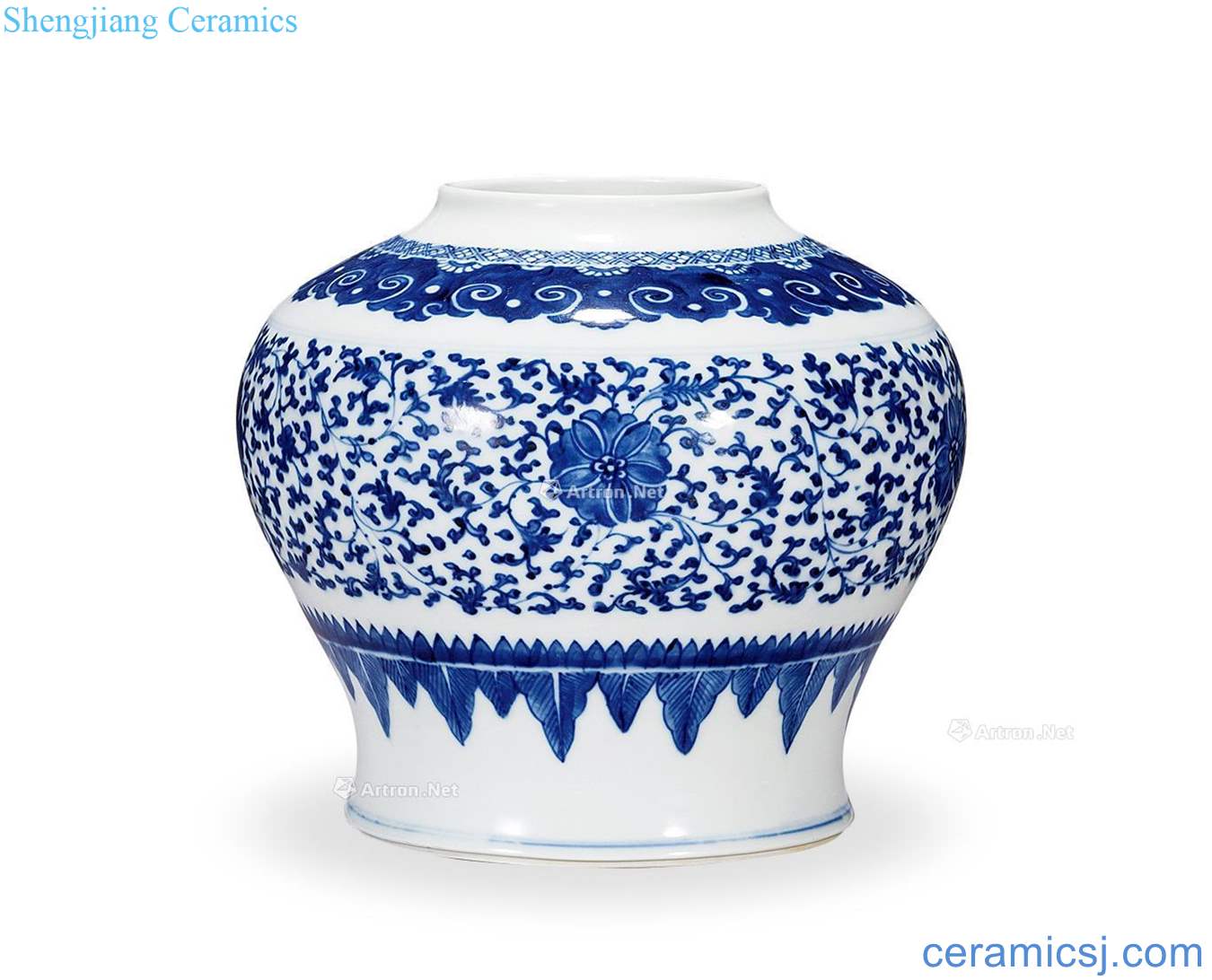 Qing qianlong Blue and white tie up flower grain tank