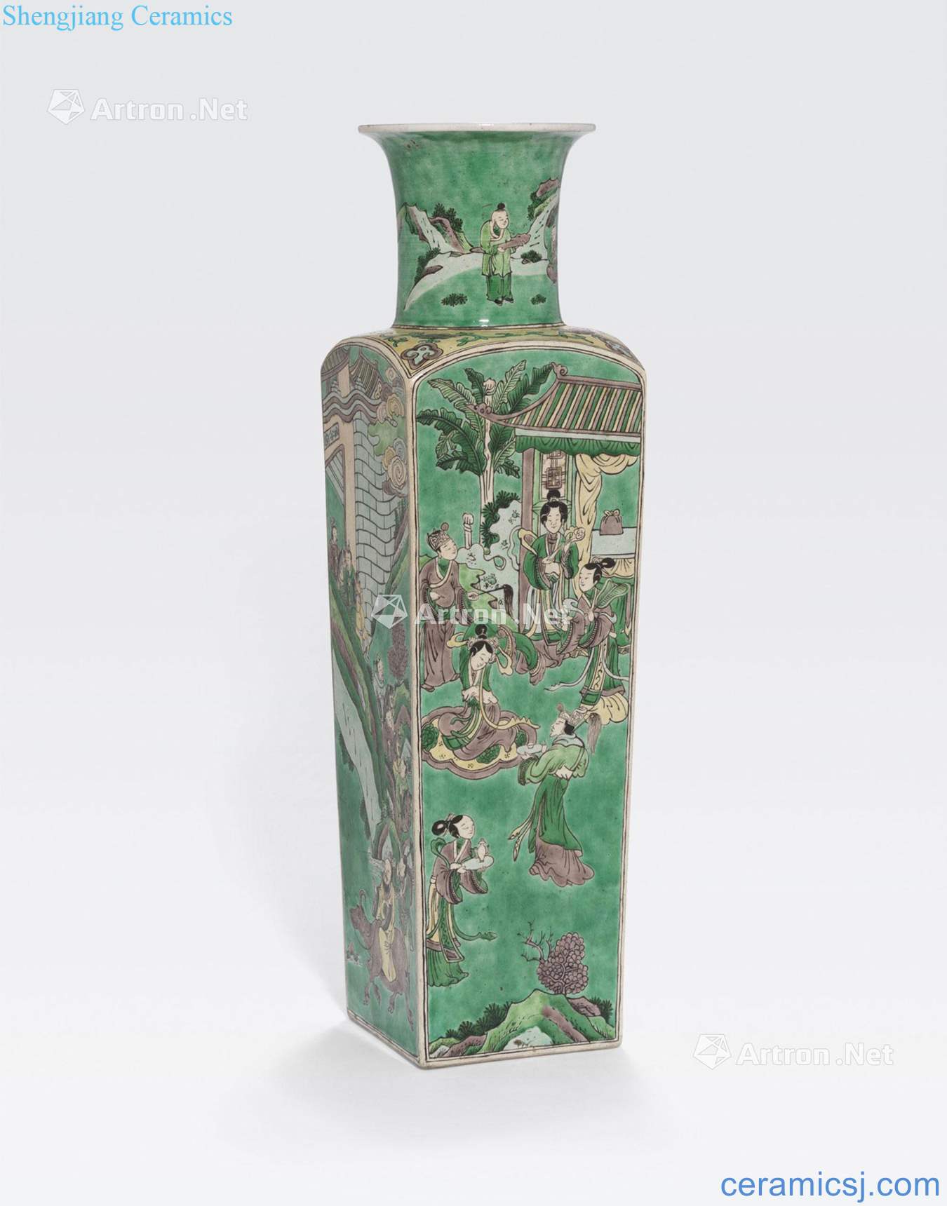 The newest the Qing/Republic period A FAMILLE VERTE ENAMELED SQUARE - SECTIONED BALUSTER VASE