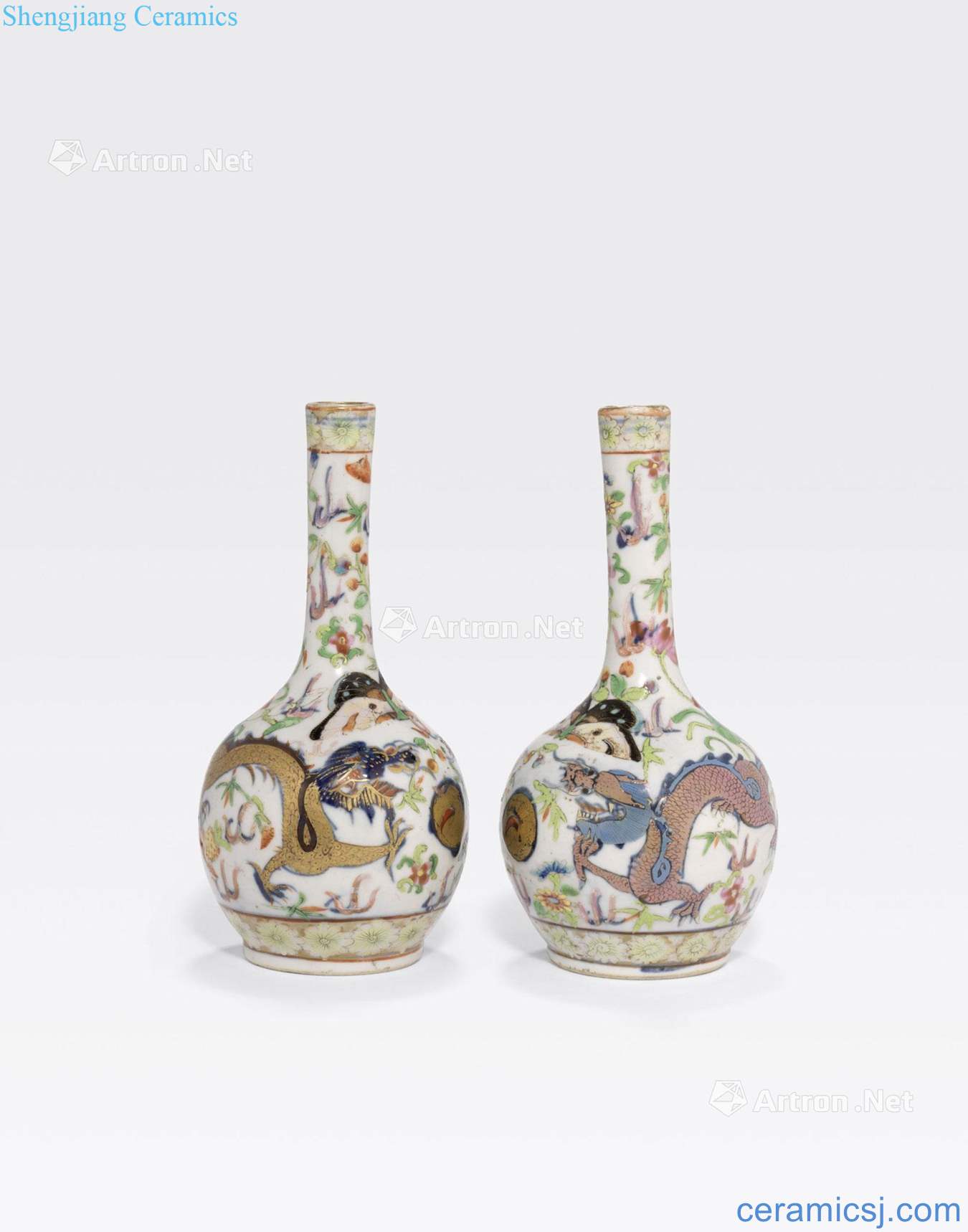 The 19 th century A PAIR OF SMALL STICK NECK VASES WITH UNDERGLAZE BLUE AND FAMILLE ROSE ENAMEL DECORATION