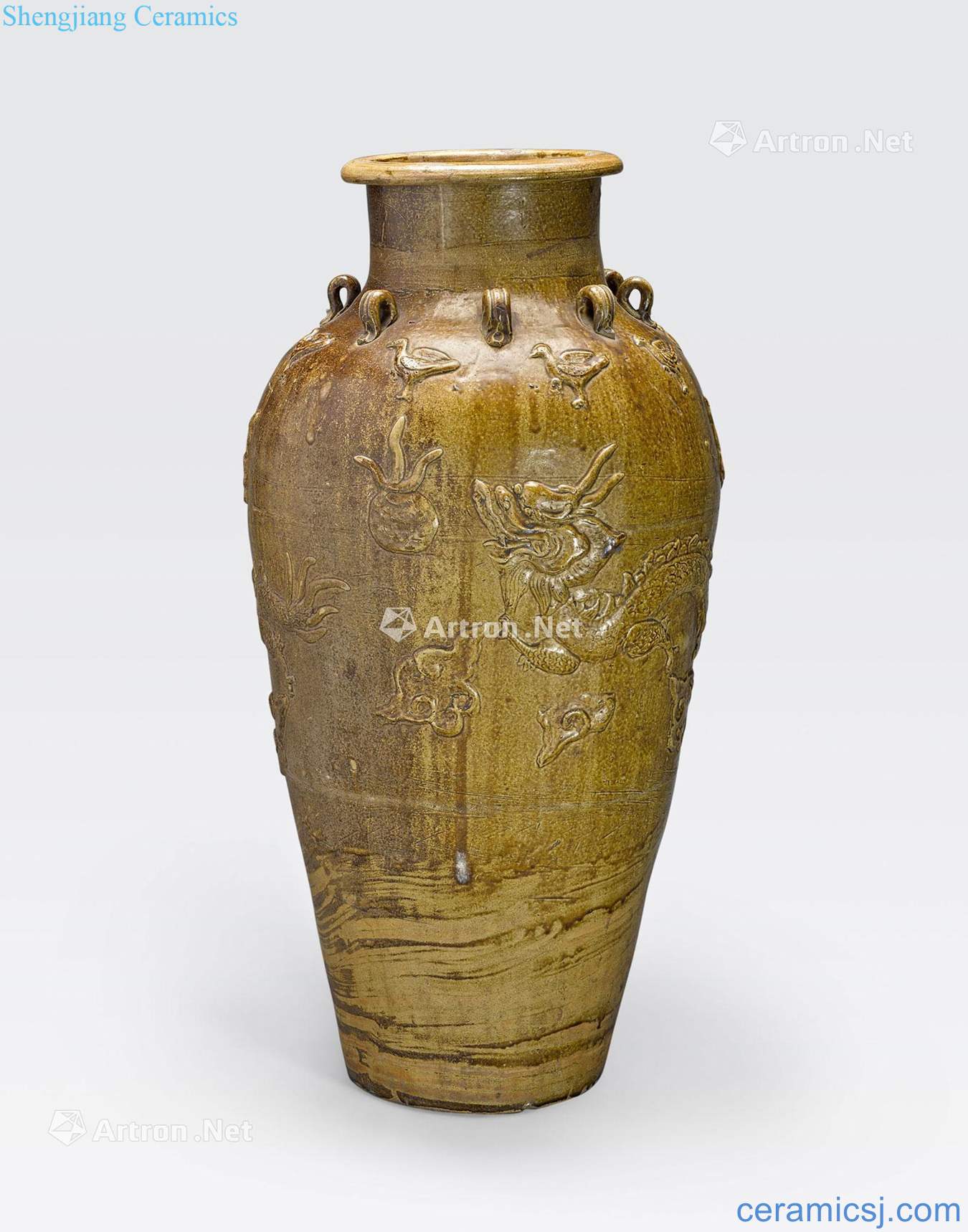 Ming dynasty or later A TALL BROWN GLAZED STORAGE JAR WITH APPLIED DECORATION