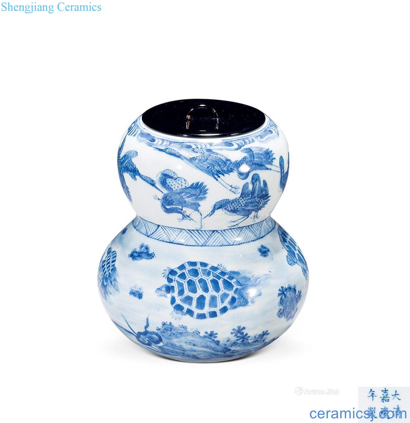 qing Blue and white turtle cranes live figure gourd