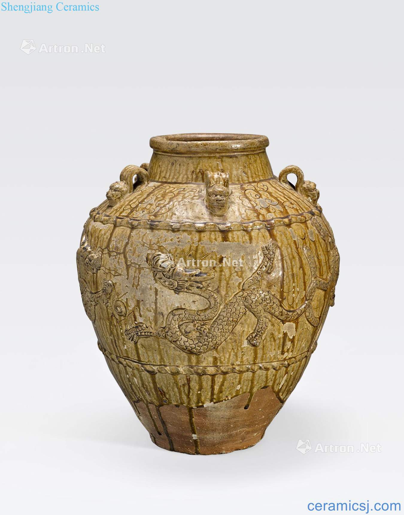 Ming dynasty A PALE BROWN GLAZED STORAGE JAR WITH RAISED DRAGON DECORATION