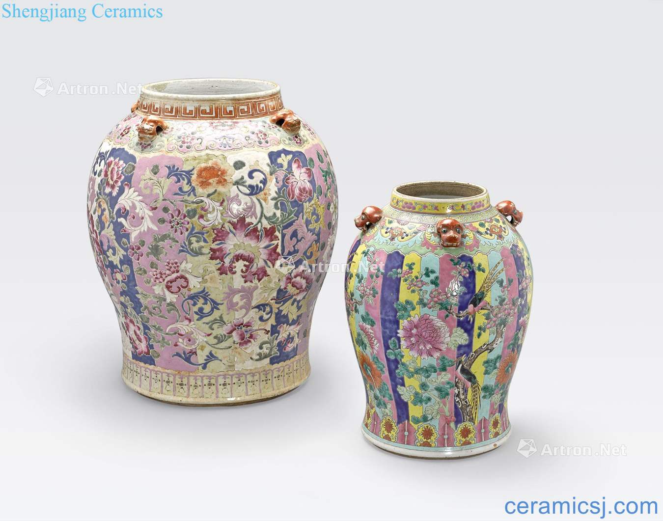 The 19 th century TWO FAMILLE ROSE ENAMELED GINGER JARS WITH VERTICAL STRIPE BACKGROUNDS