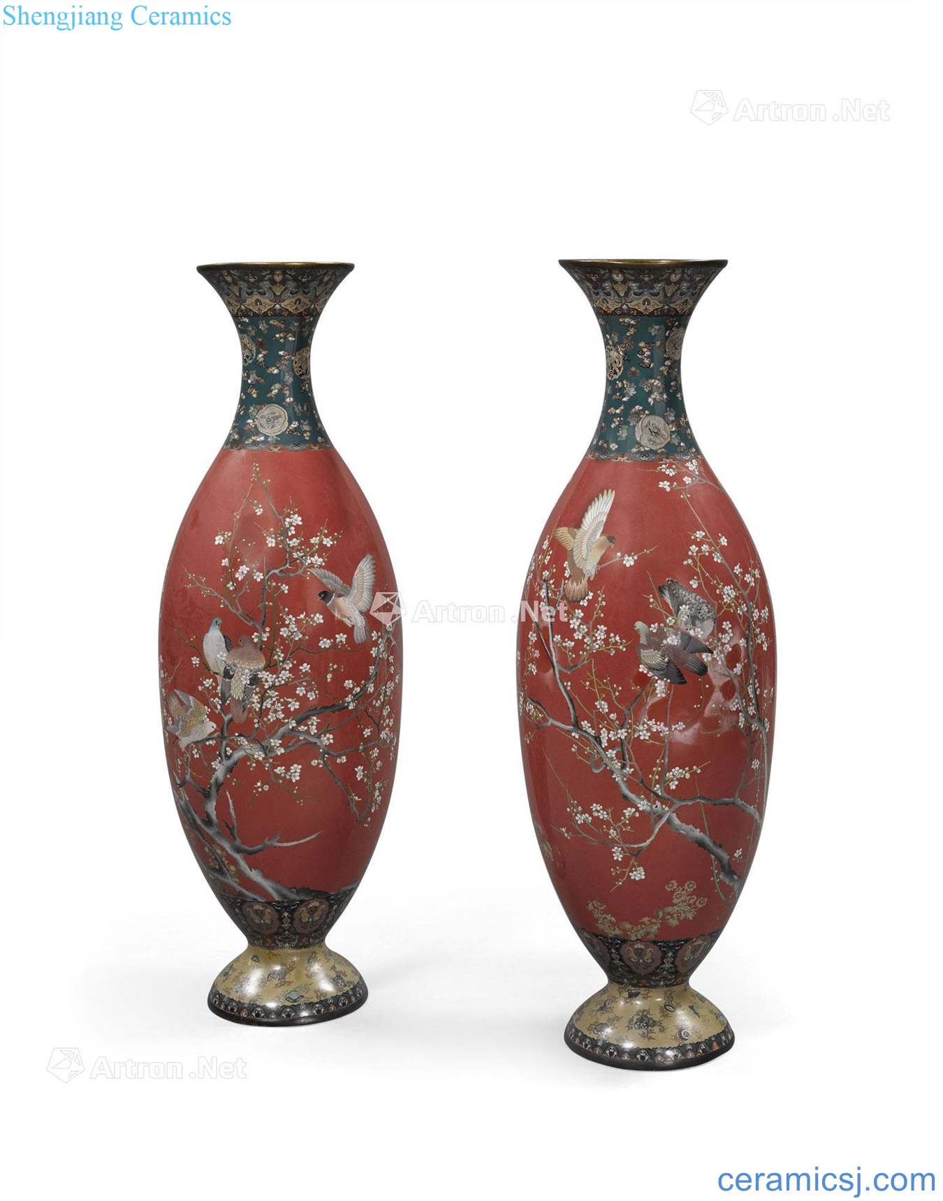 Meiji era A PAIR OF MONUMENTAL CLOISONNE ENAMEL VASES