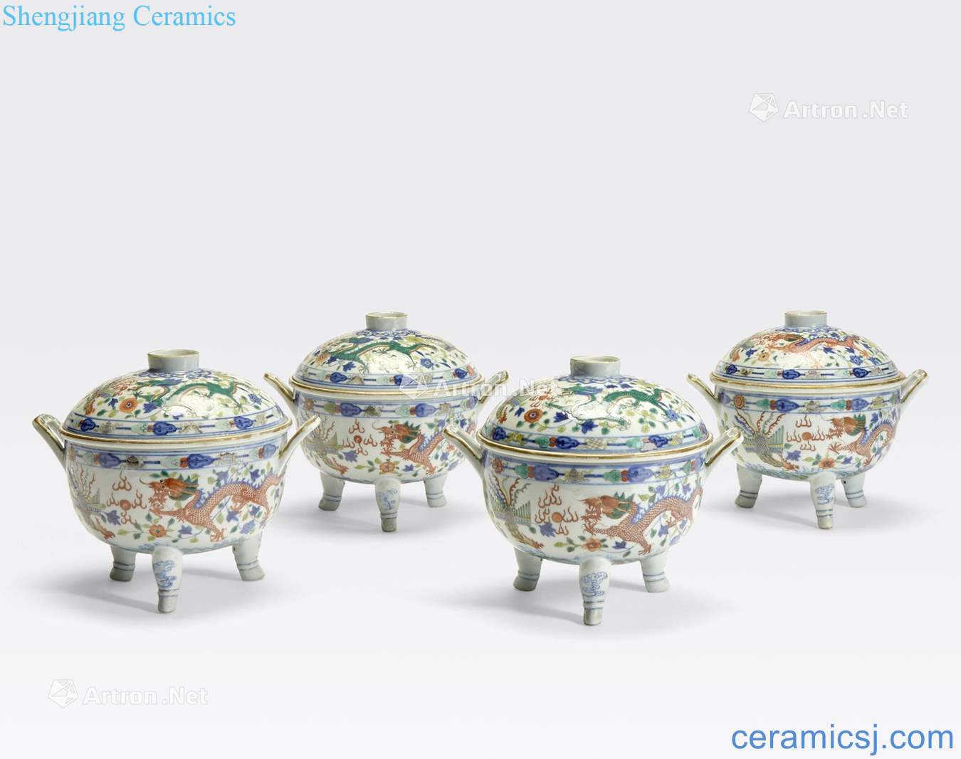 Guangxu six - character marks and of the period of A GROUP of FOUR MATCHING WUCAI ENAMELED PORCELAIN COVERED FOOD WARMERS WITH LINERS