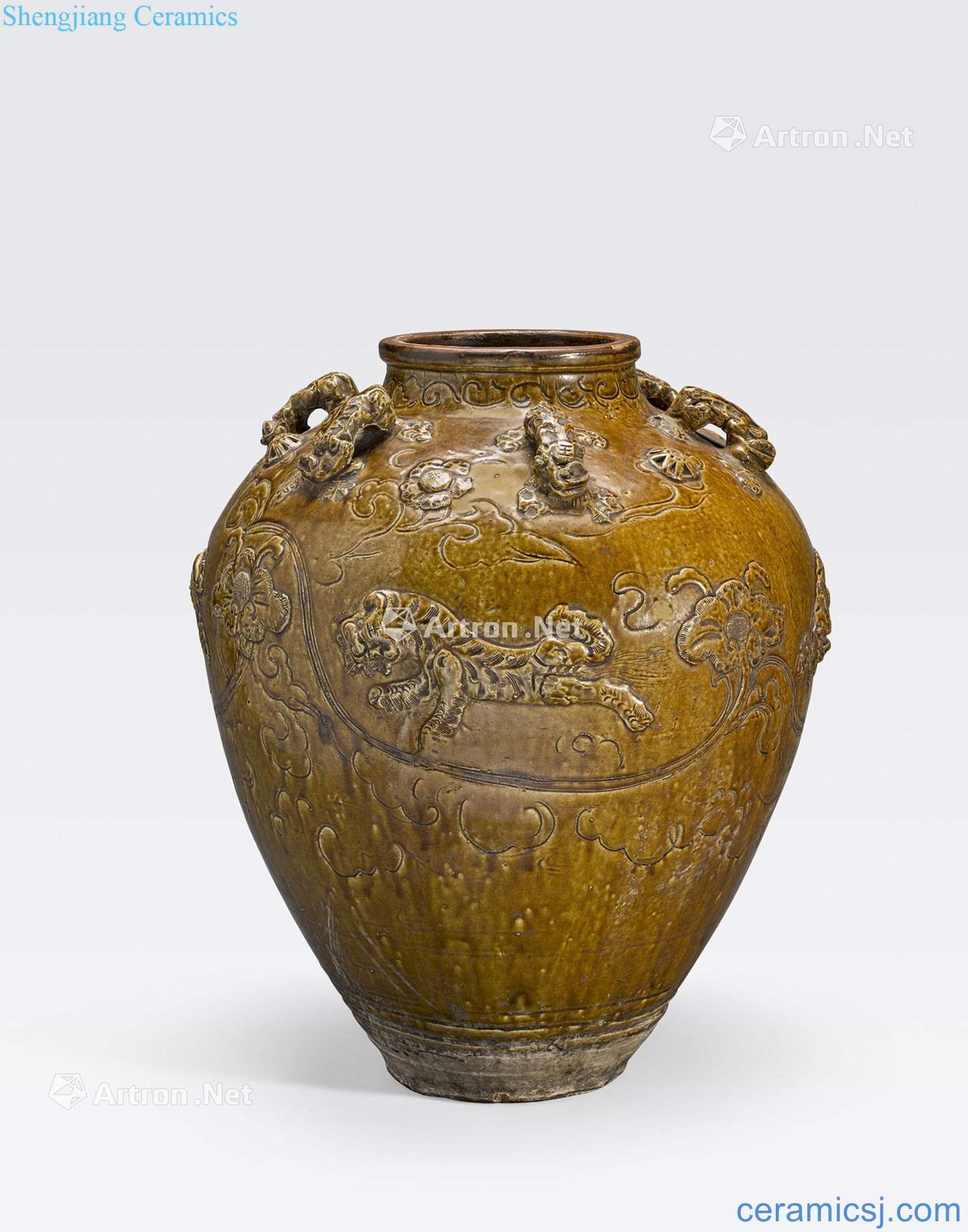 China or one of the 14 th - 16 th century the AN AMBER GLAZED STORAGE JAR WITH TIGER AND FLORAL SCROLL DECORATION