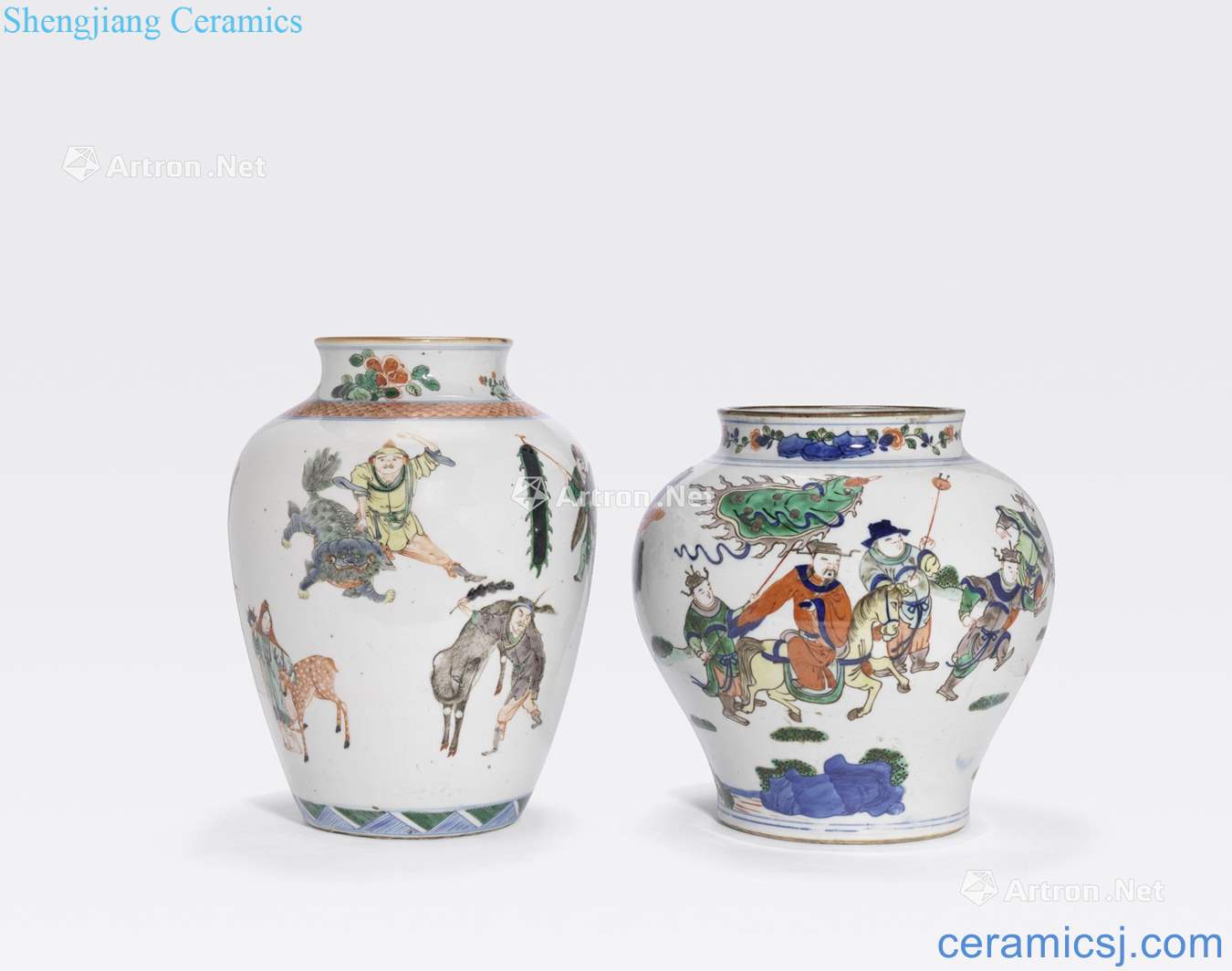 Newest the Qing/Republic period TWO WUCAI ENAMELED JARS WITH FIGURAL DECORATION