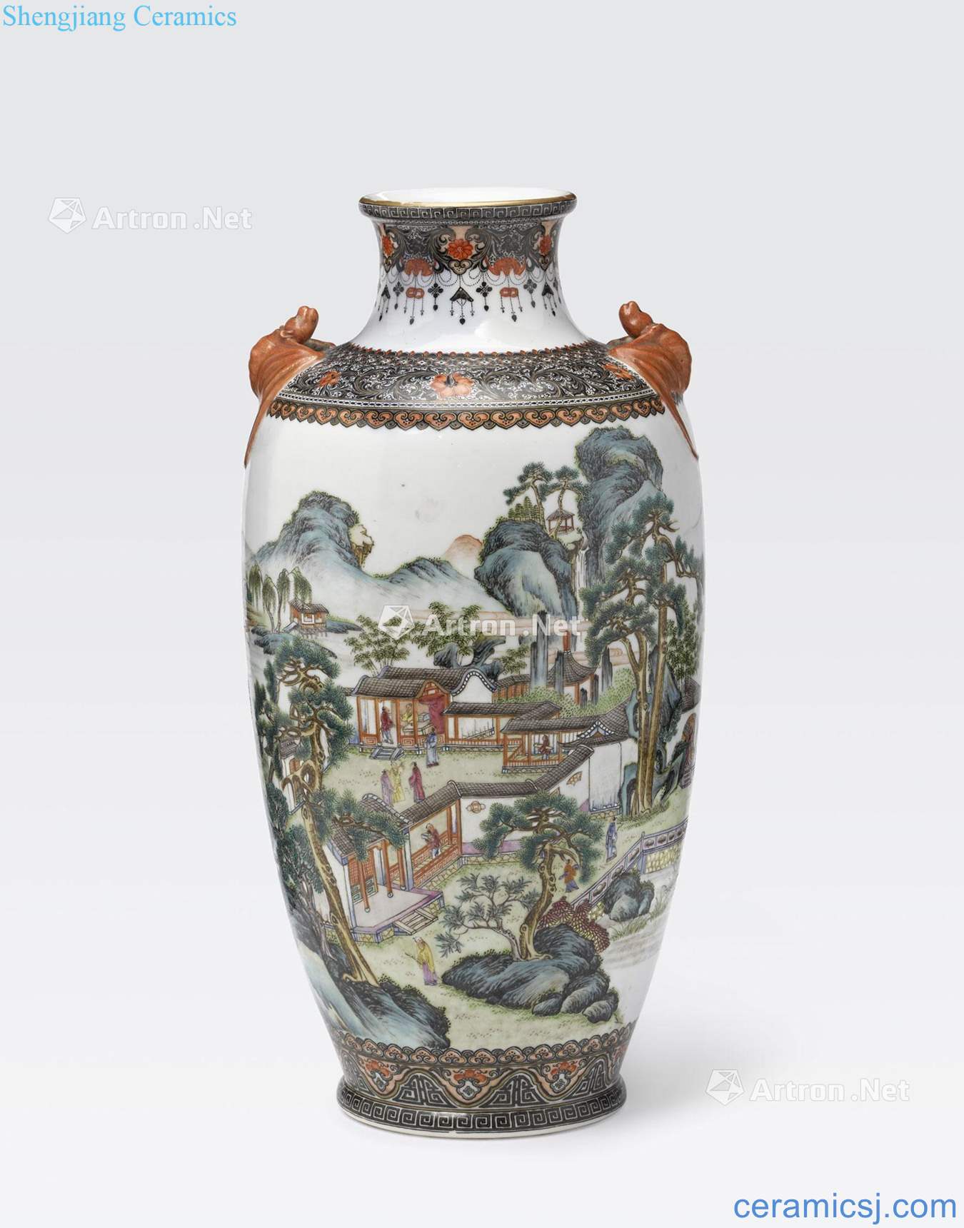 Qianlong mark, the Republic period A FAMILLE ROSE ENAMELED VASE WITH BAT HANDLES