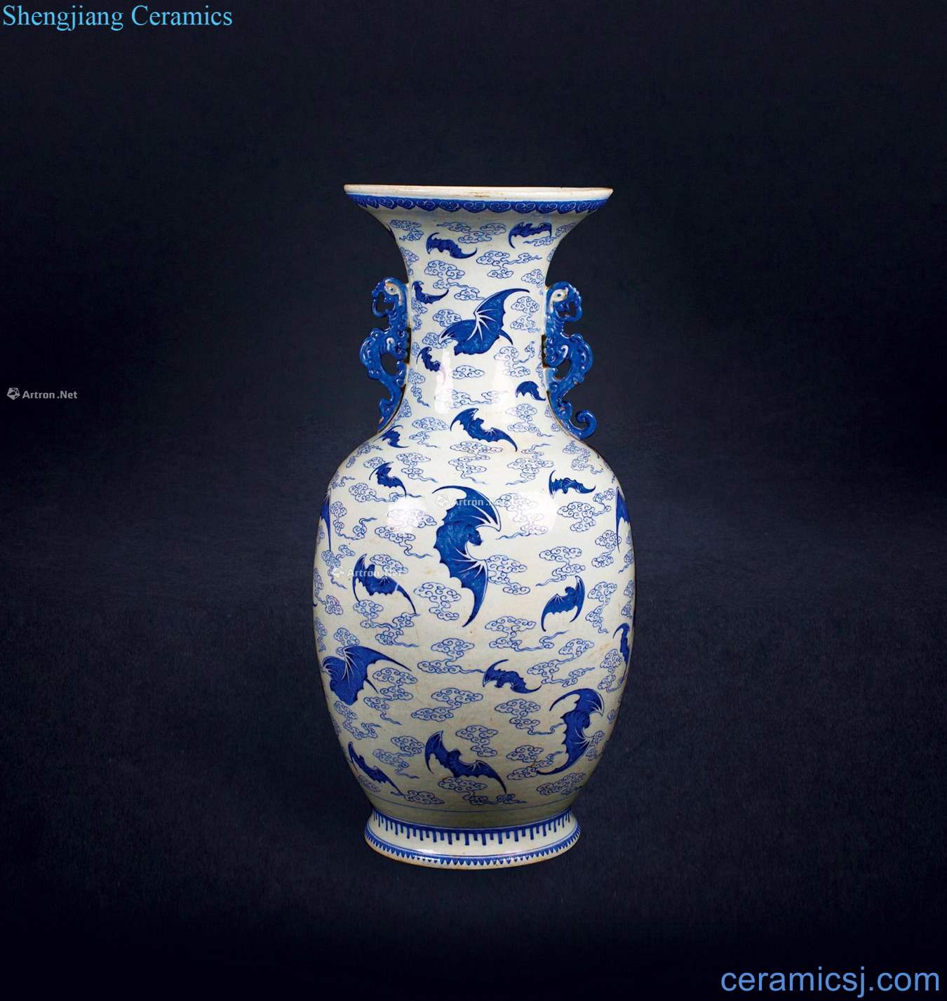 Qing qianlong Blue and white cloud bat grain longnu ear big bottle