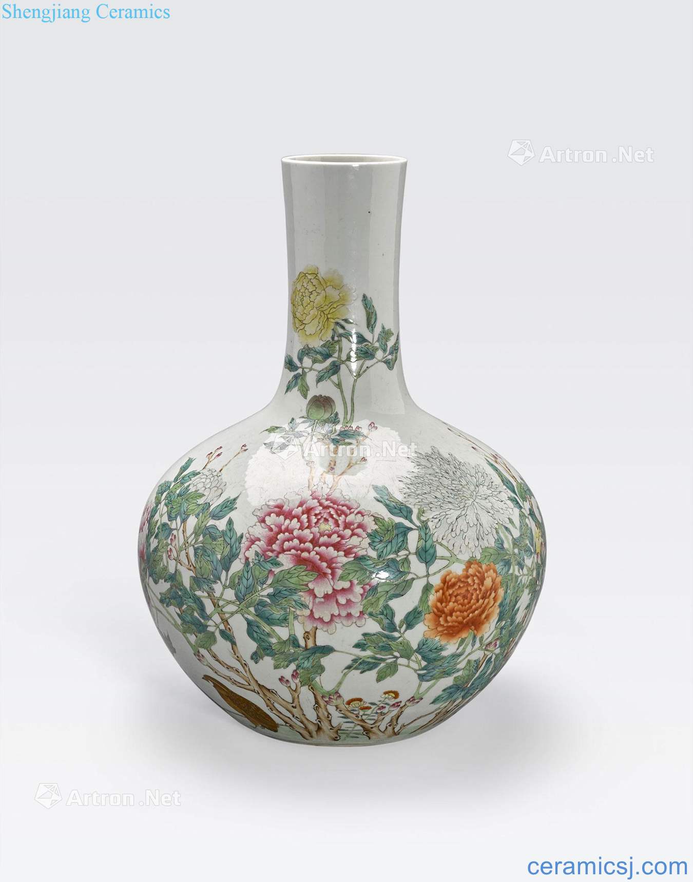 The newest the Qing/Republic period A FAMILLE ROSE ENAMELED STICK NECK VASE, TIANQIUPING