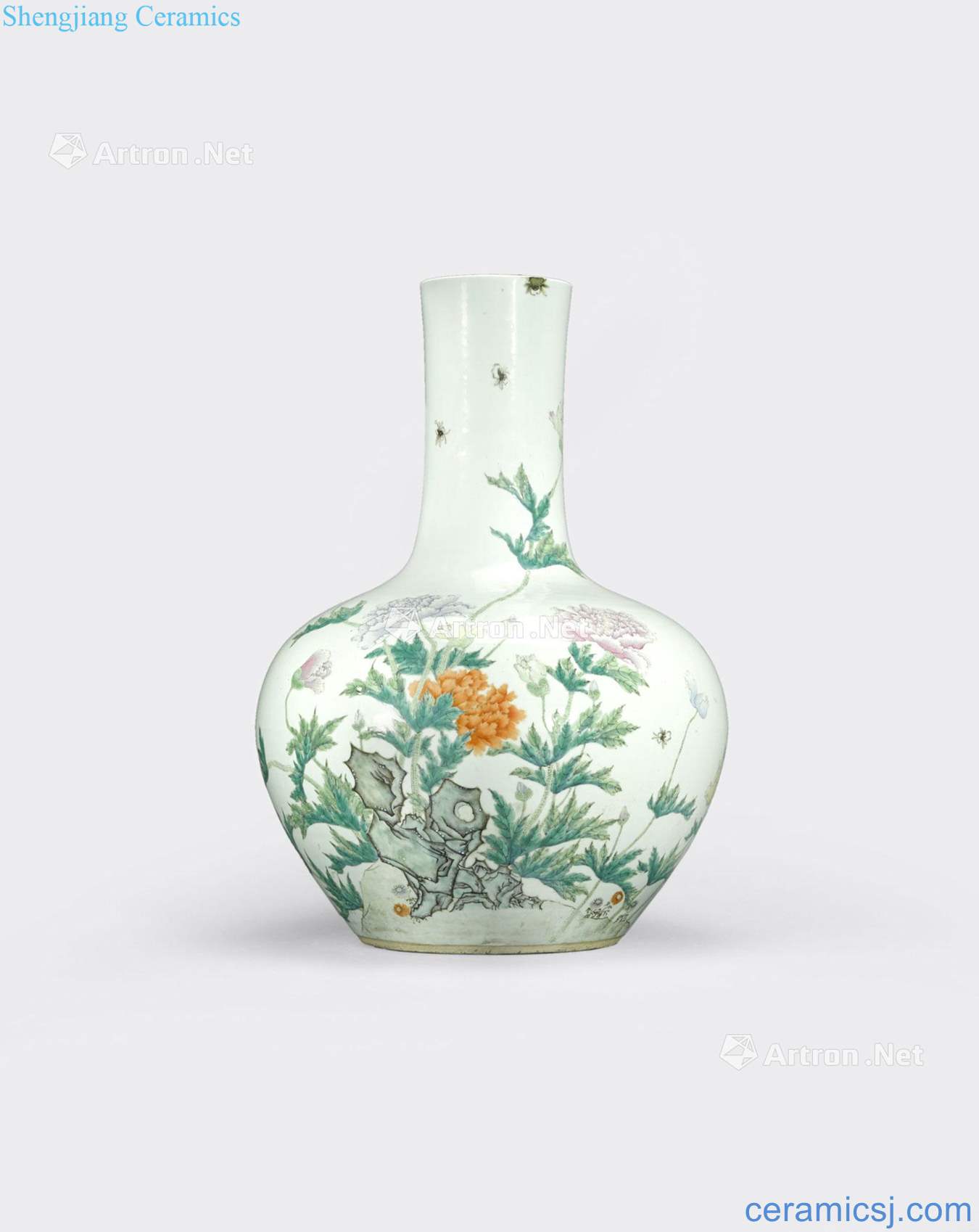 Qianlong mark, newest the Qing/Republic period A LARGE FAMILLE ROSE ENAMELED STICK NECK VASE, TIANQIUPING