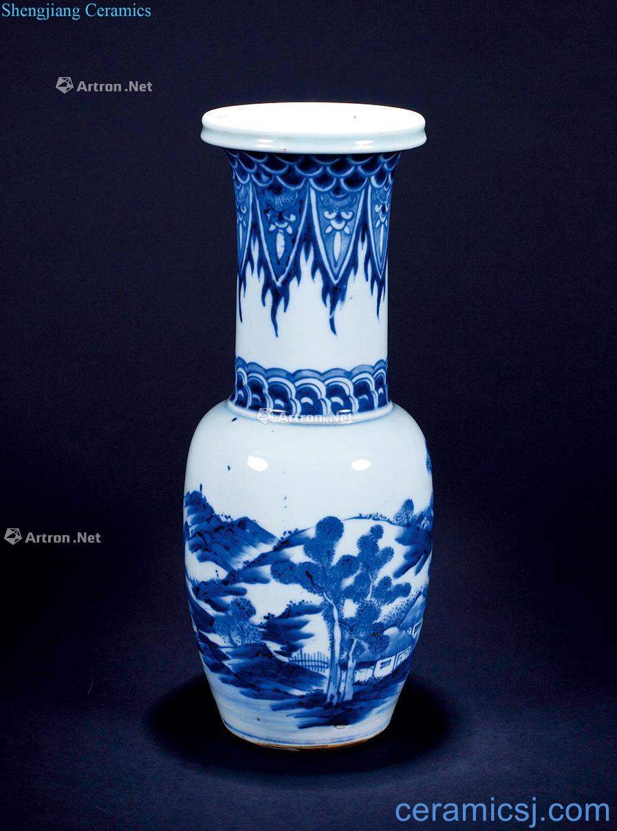 The qing emperor kangxi Blue and white landscape grain dish buccal bottle