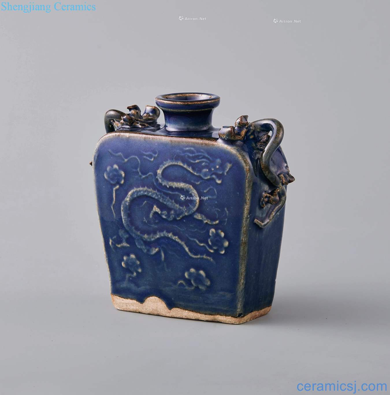 yuan Ji green glaze stamps YunLongWen small flat pot