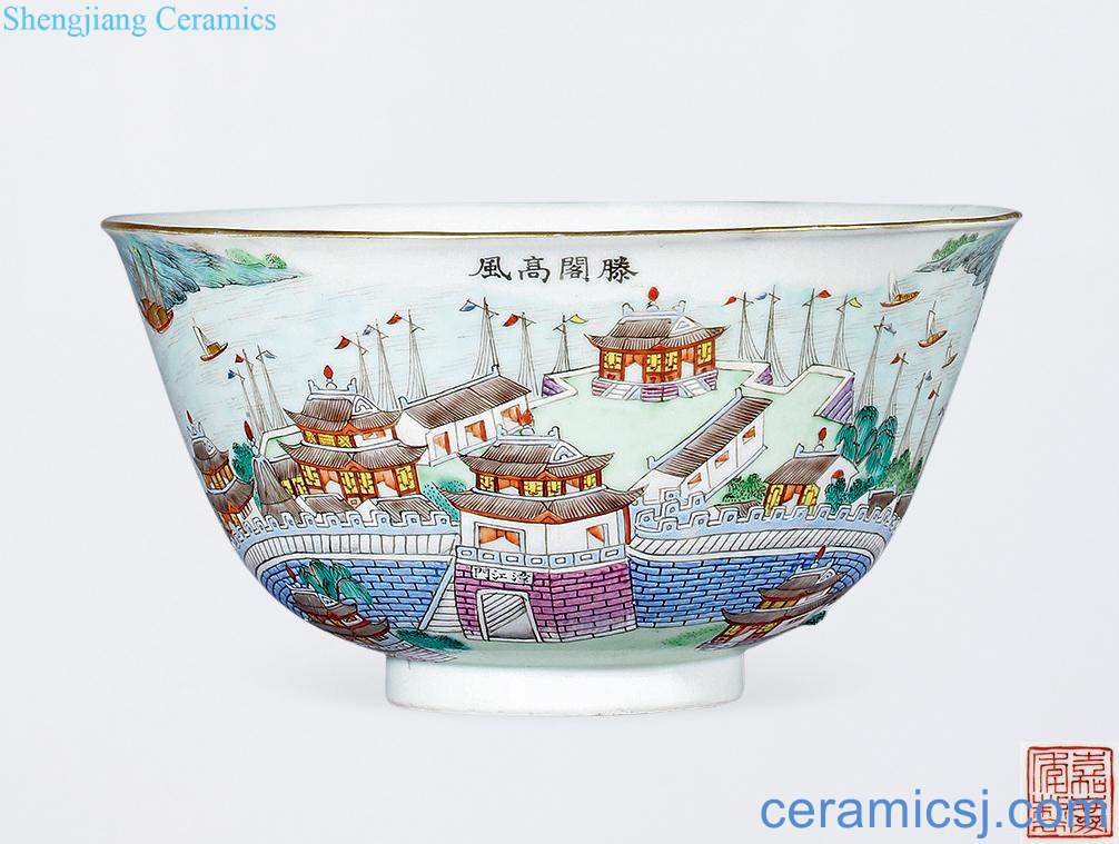 Qing jiaqing pastel teng pavilion figure bowl of high winds