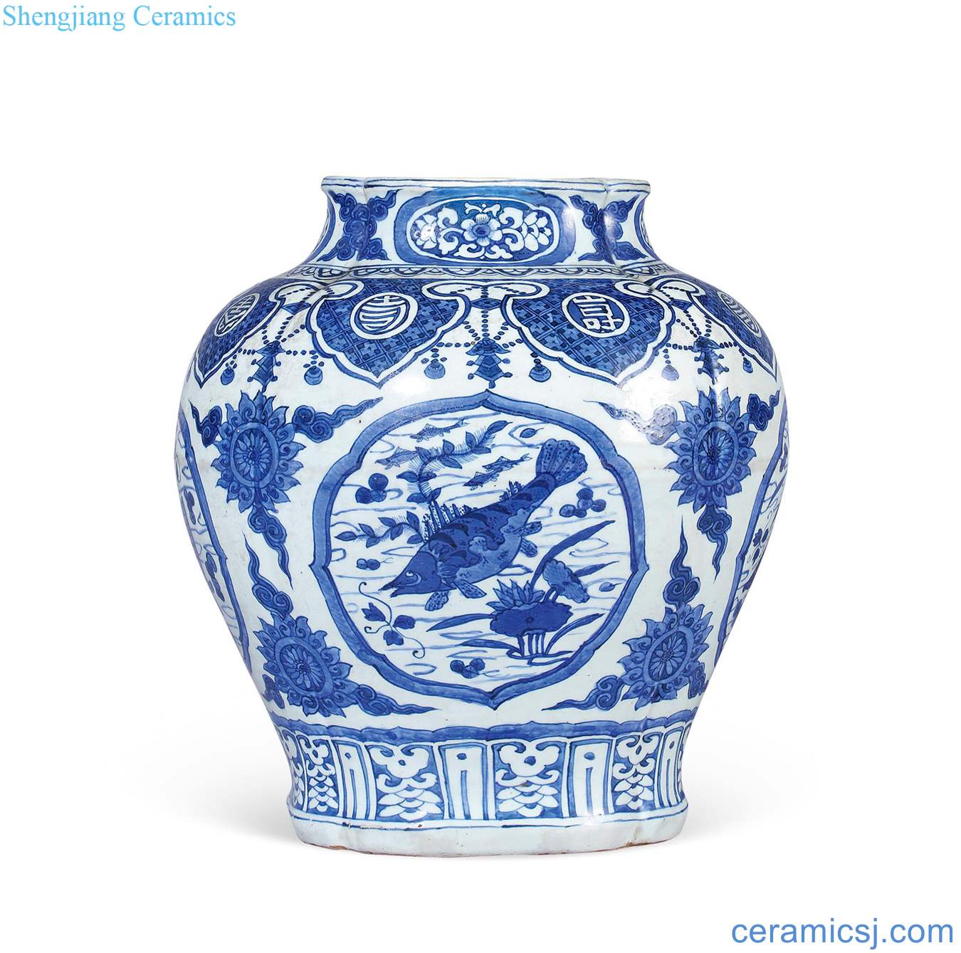 Ming jiajing Blue and white fish grain melon leng big pot