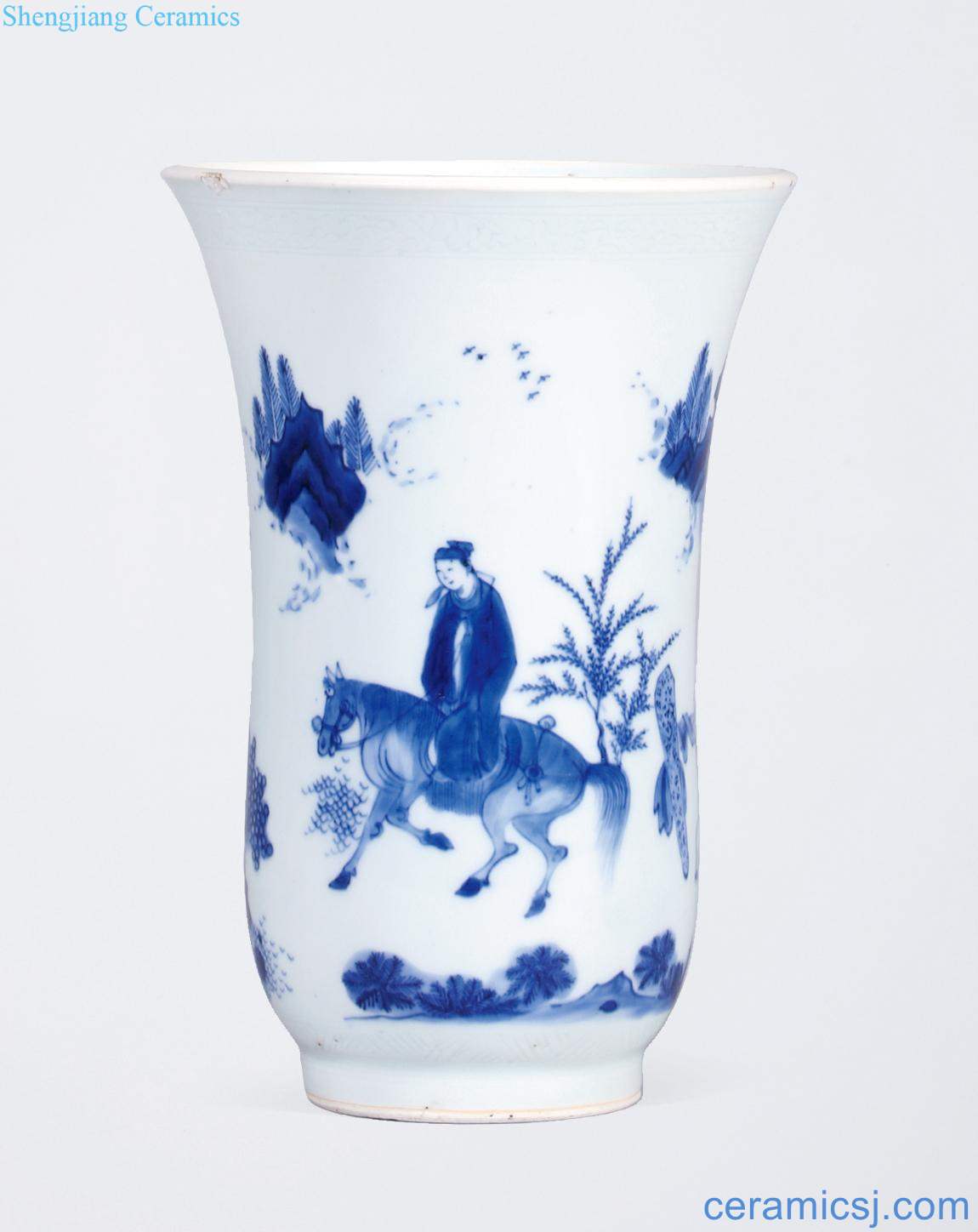 Ming chongzhen Stories of blue and white figure admiralty shaped brush pot