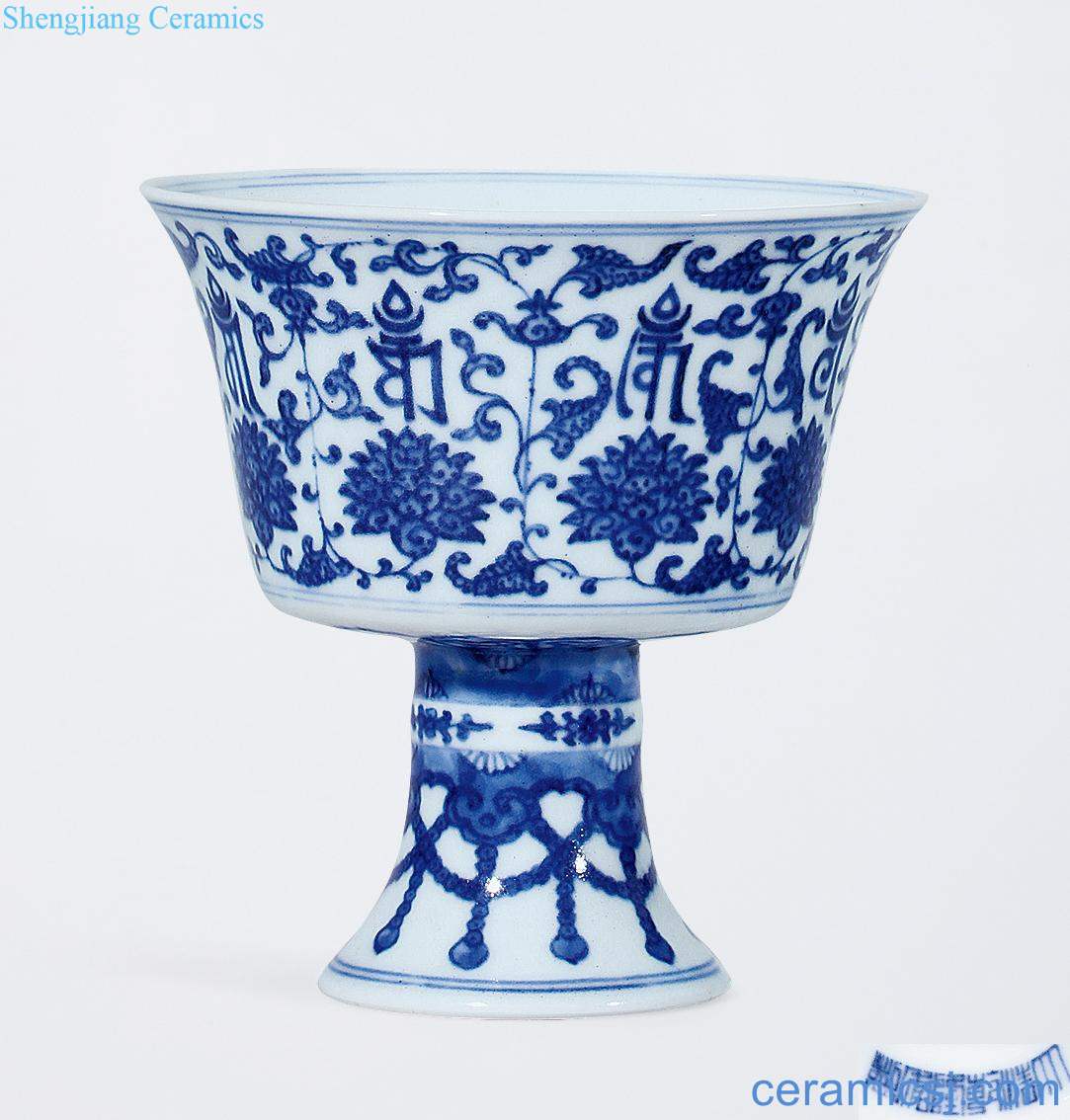 Qing qianlong Blue and white tie Sanskrit footed bowl lotus flower