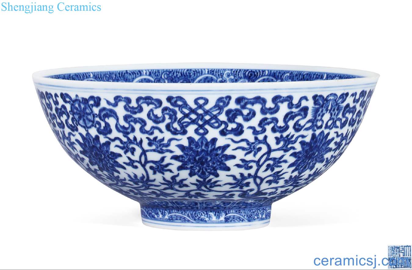 Qing qianlong Blue and white tie up lotus flower sweet green-splashed bowls