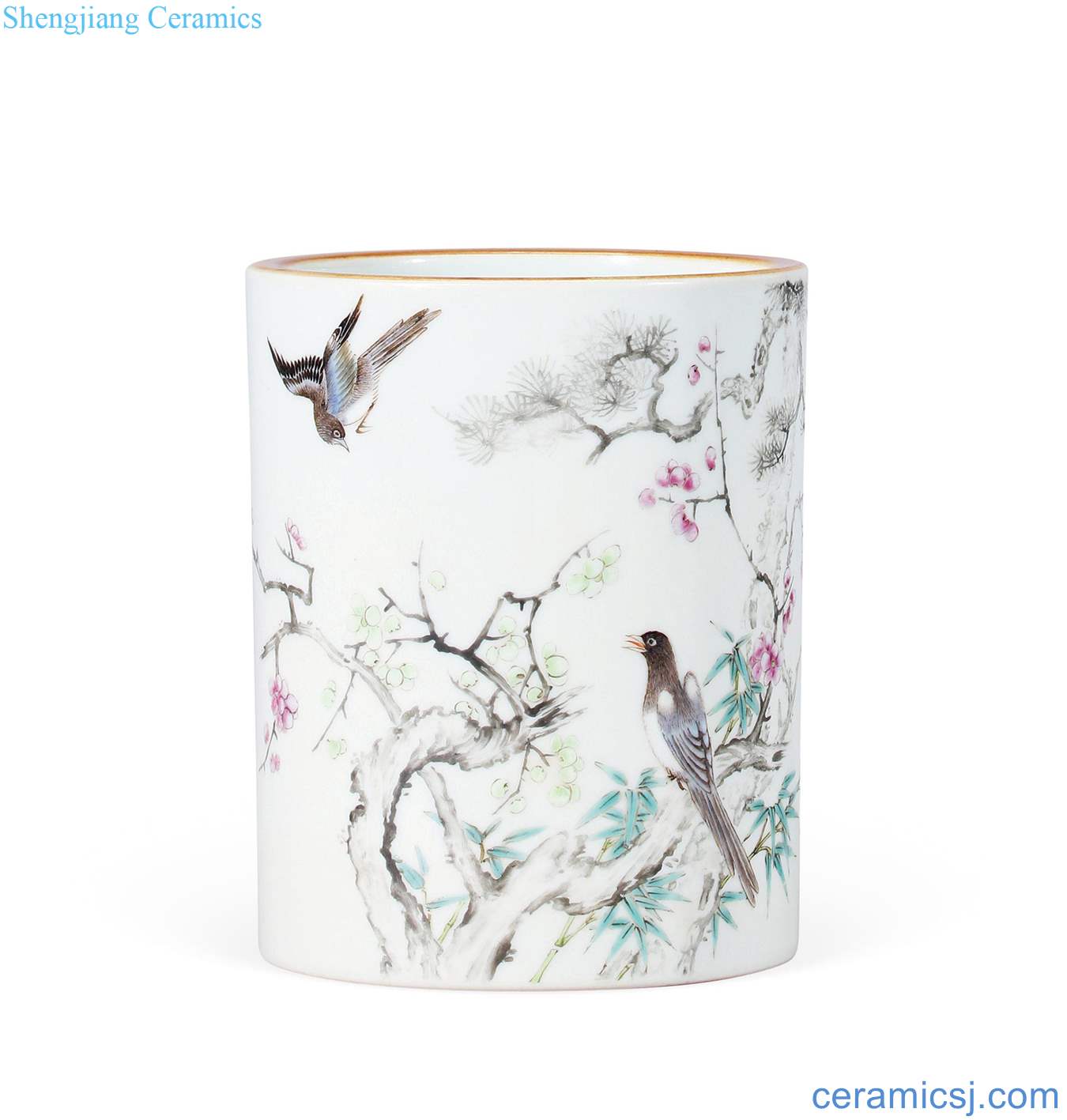 Qing qianlong B system pastel magpie on mei figure pen container